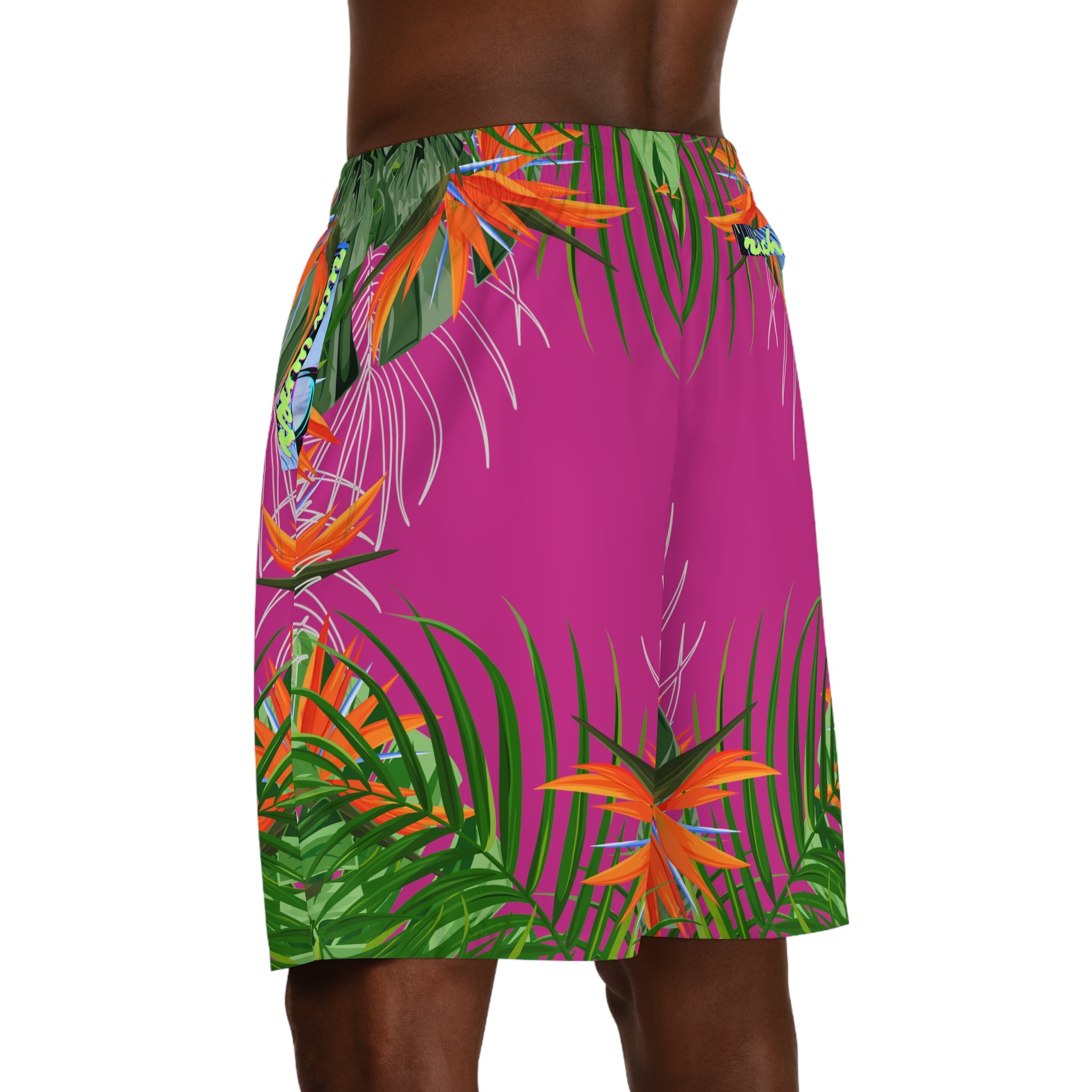 Rich Vibes Volt Pink Tropical Jungle Print - Men's Jogger Shorts (AOP)Black