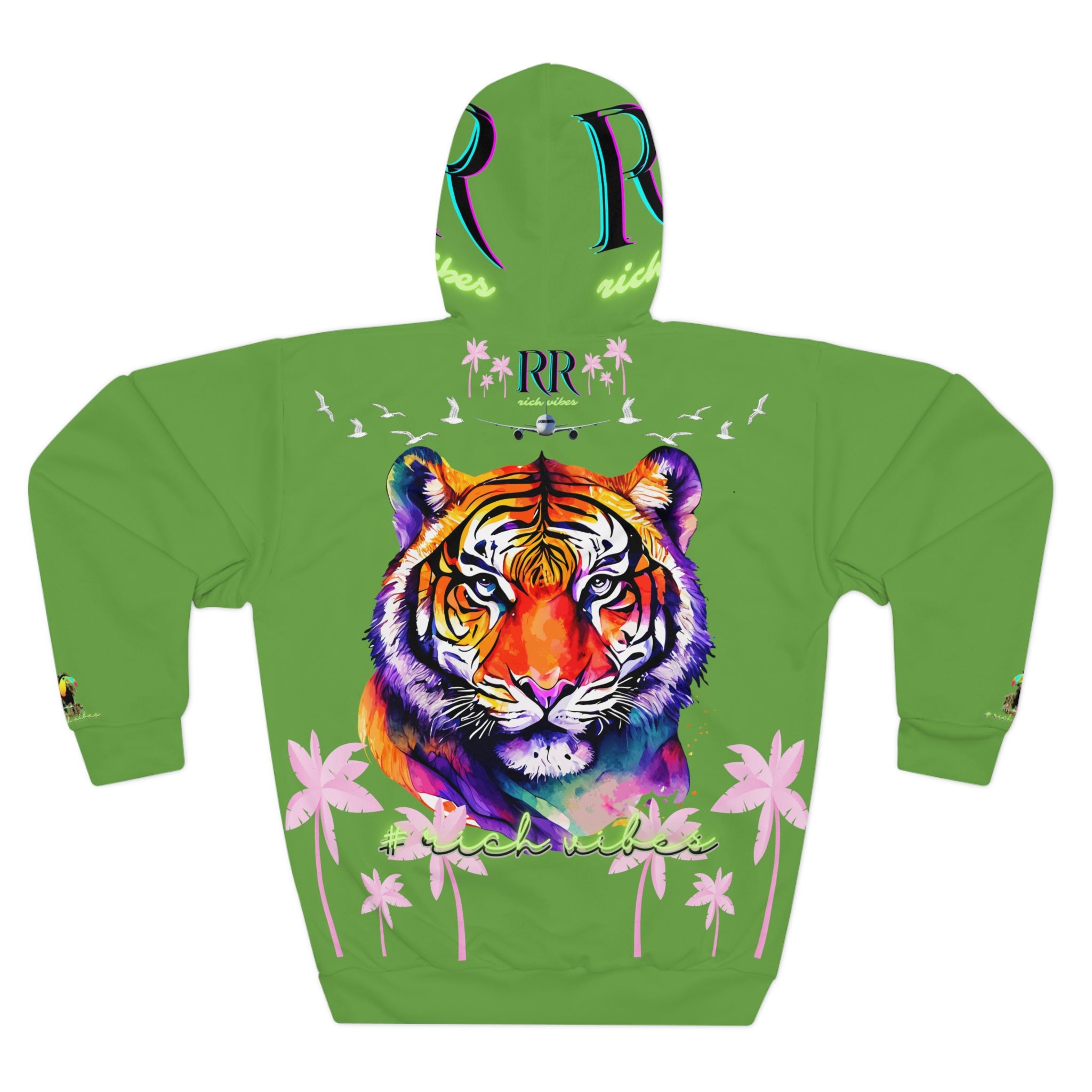 Rich Vibes Volt Leaf Green RR Tropical Pink Palm Tree Jungle Tiger - Unisex Pullover Hoodie (AOP)