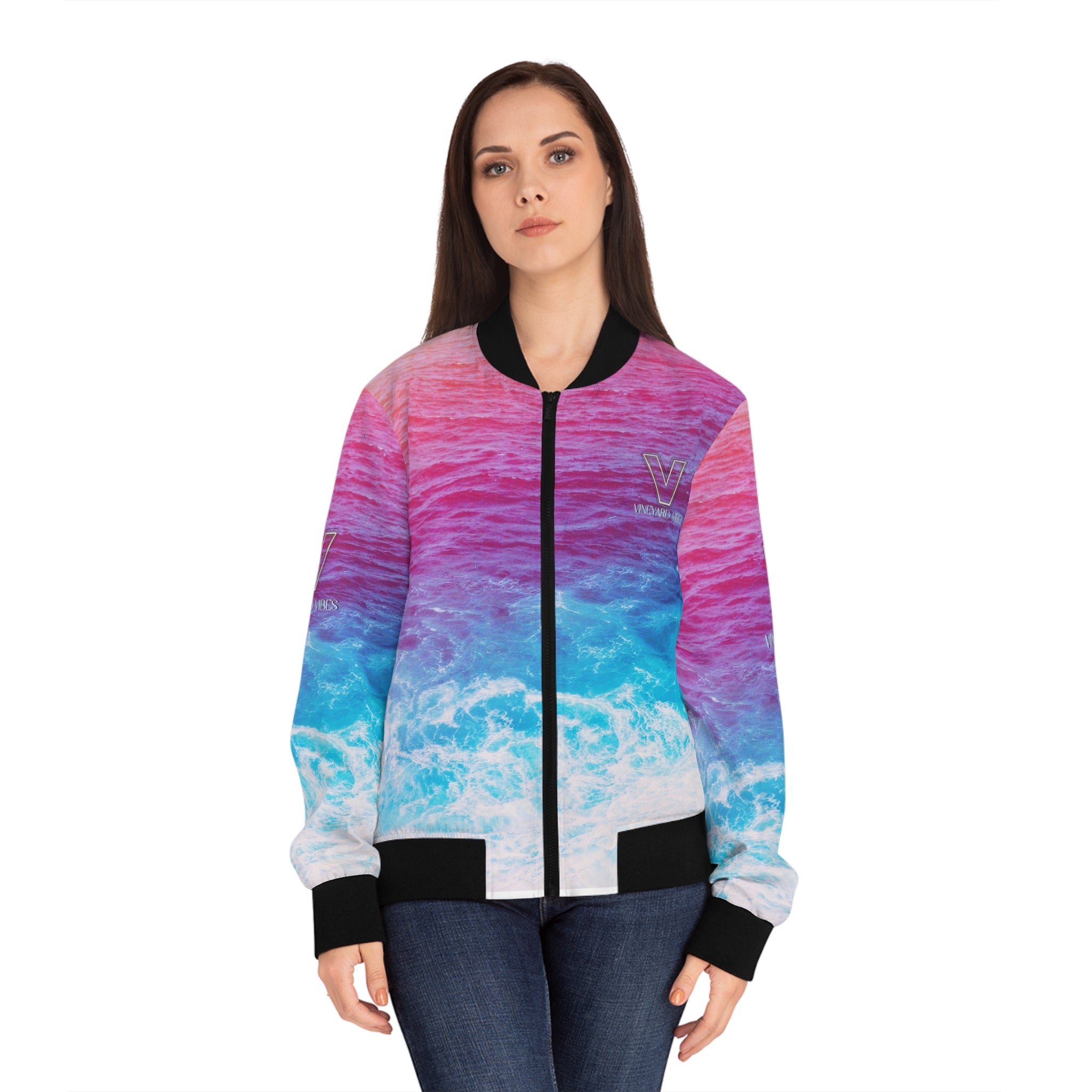 Vineyard Vibes V Purple Ocean wave - Women's White Bomber Jacket (AOP)