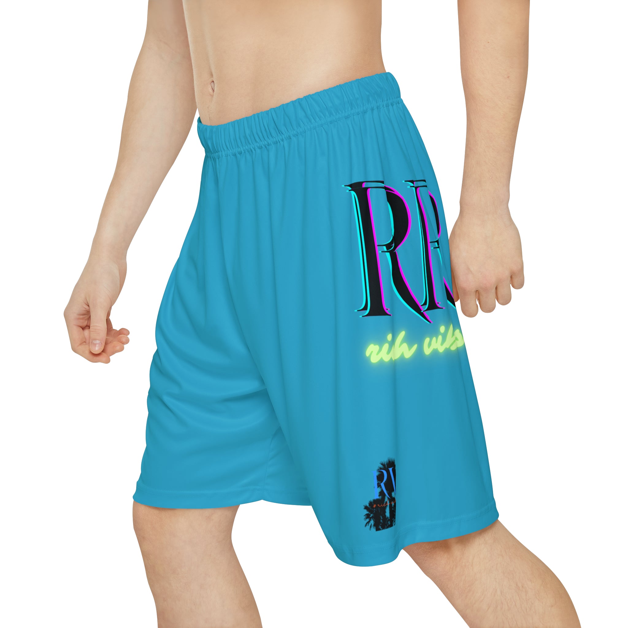 Rich Vibes RR RV Palm Tree Silhouette - Men’s Sports Shorts (AOP) Turquoise