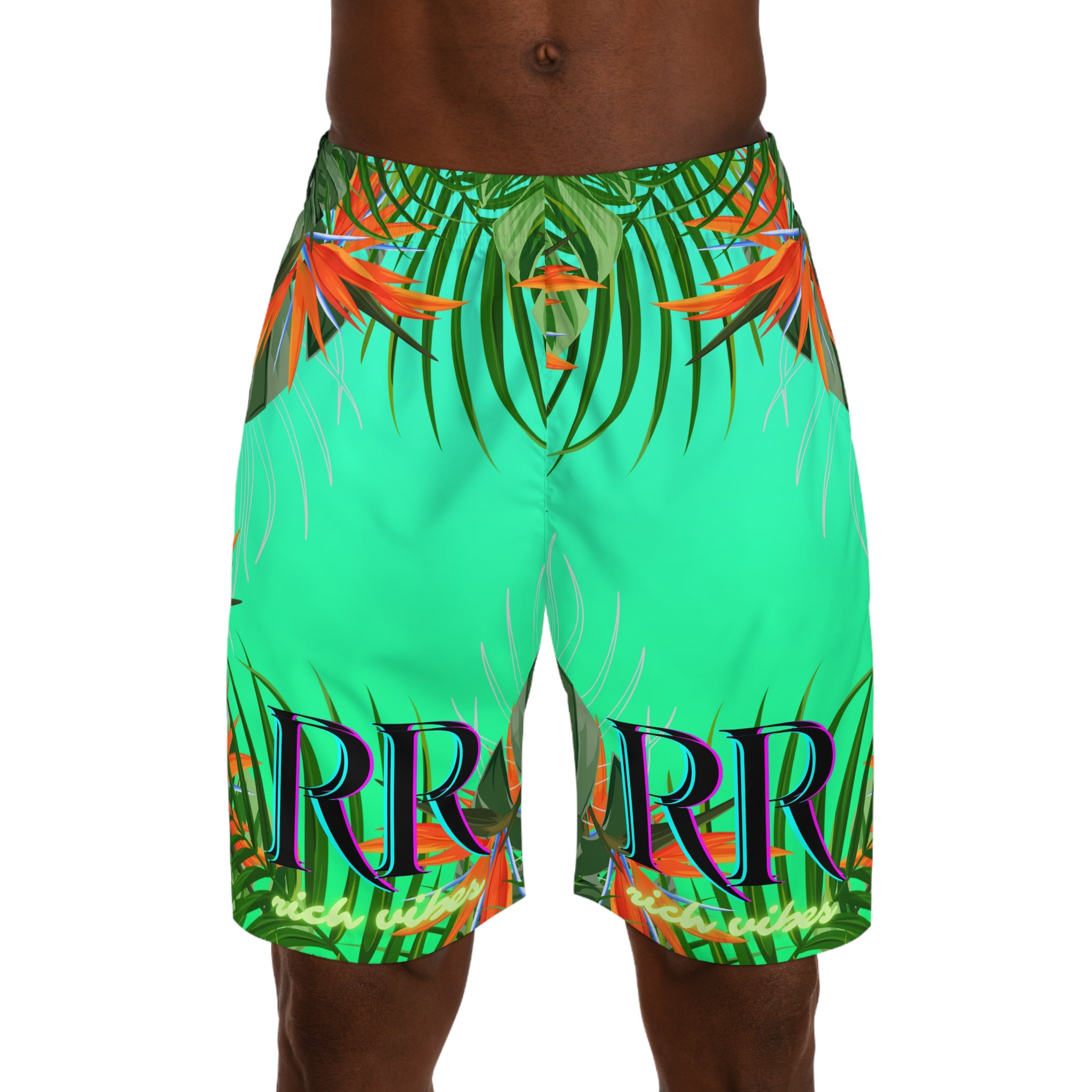 Rich Vibes Volt Green Tropical Jungle Print - Men's Jogger Shorts (AOP)Black