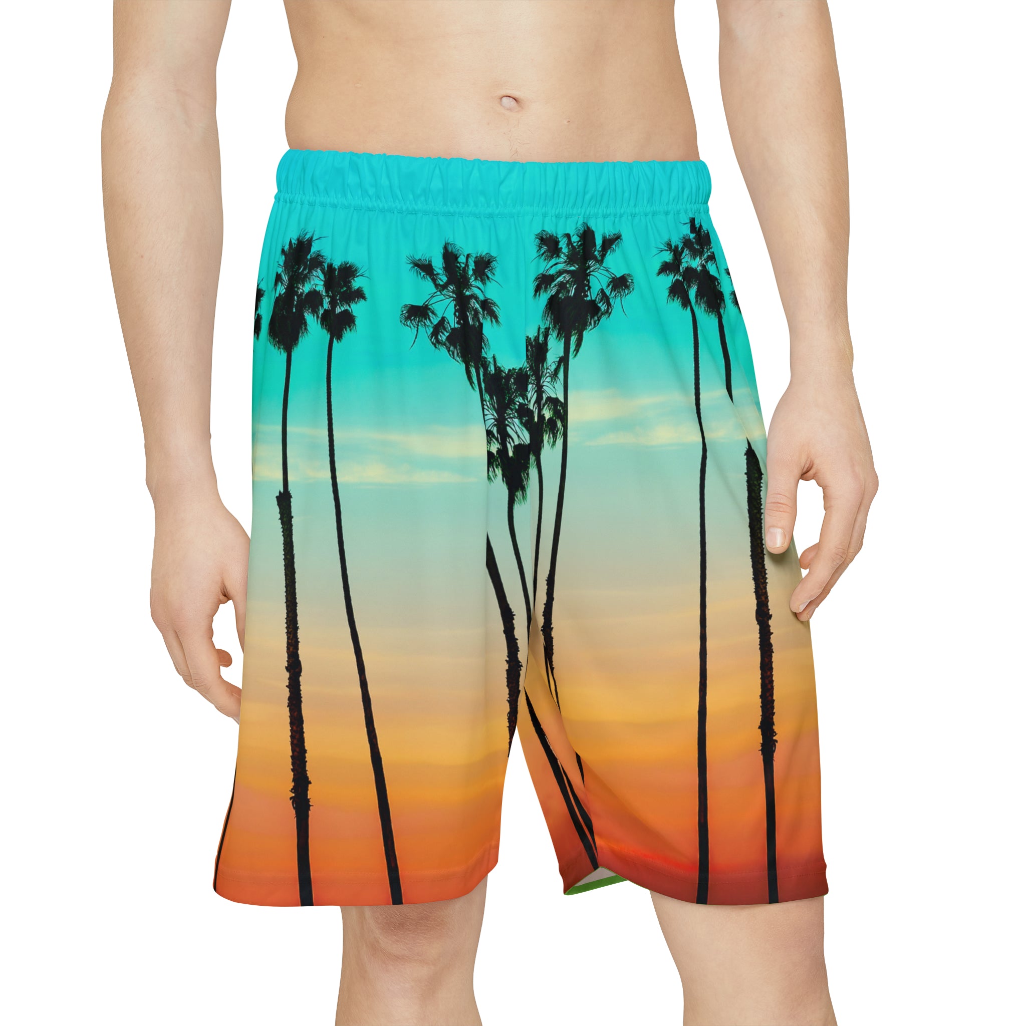 Rich Drip Blue Skies Beach Vibes RV Palm Tree Silhouette - Men’s Sports Shorts (AOP) Leaf Green