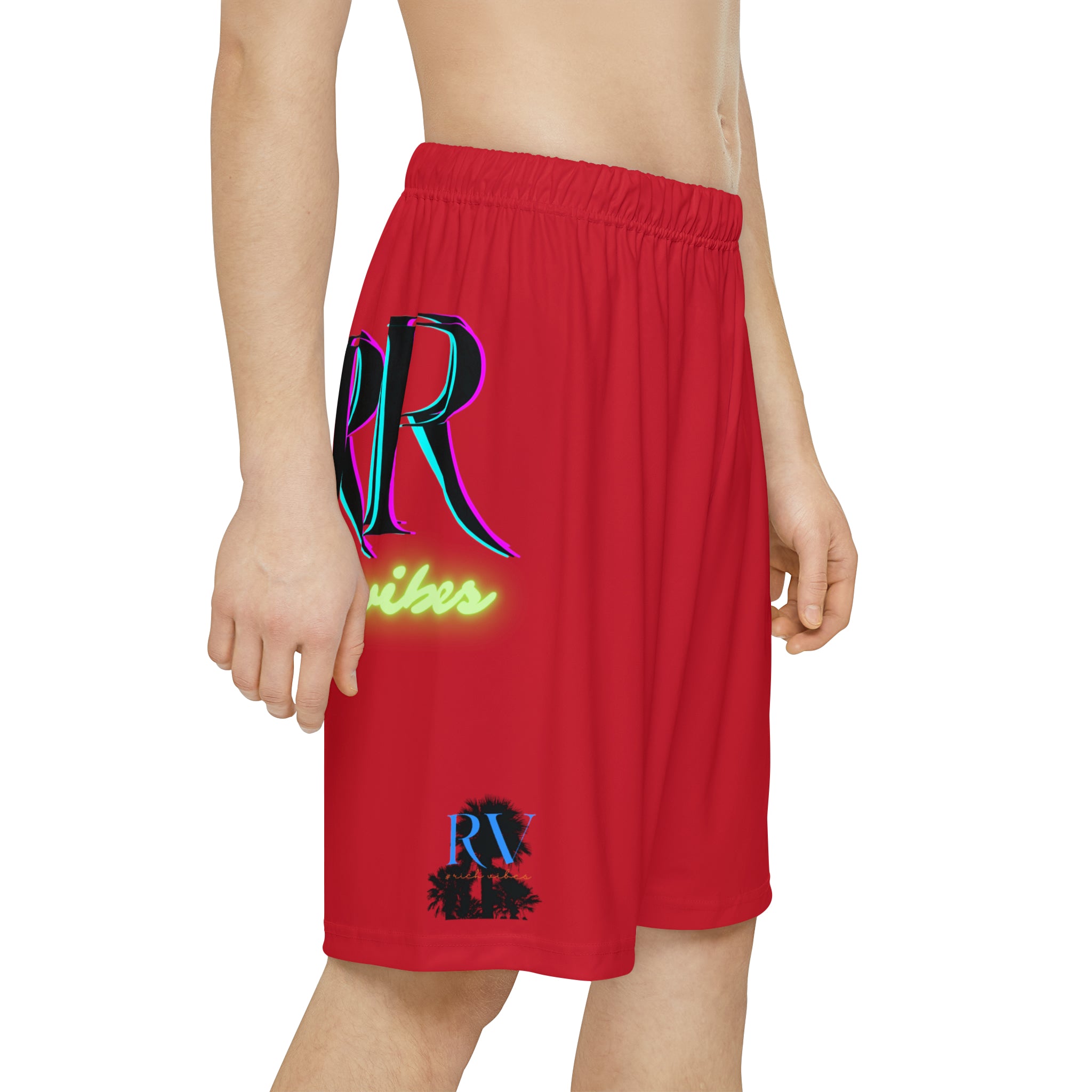 Rich Vibes RR RV Palm Tree Silhouette - Men’s Sports Shorts (AOP) Red