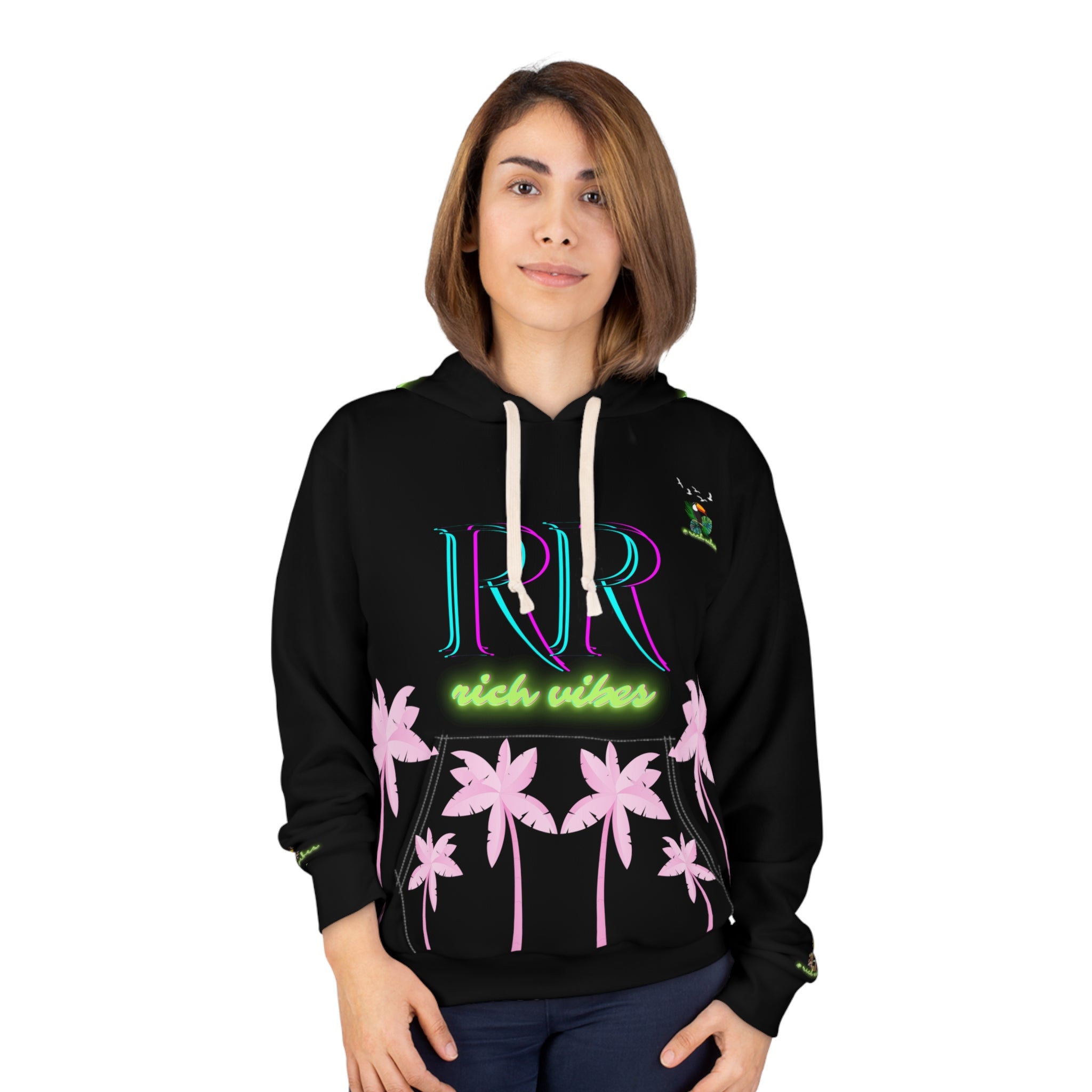 Rich Vibes Volt Green RR White Tropical Pink Palm Tree Jungle Tiger - Unisex Pullover Hoodie (AOP)
