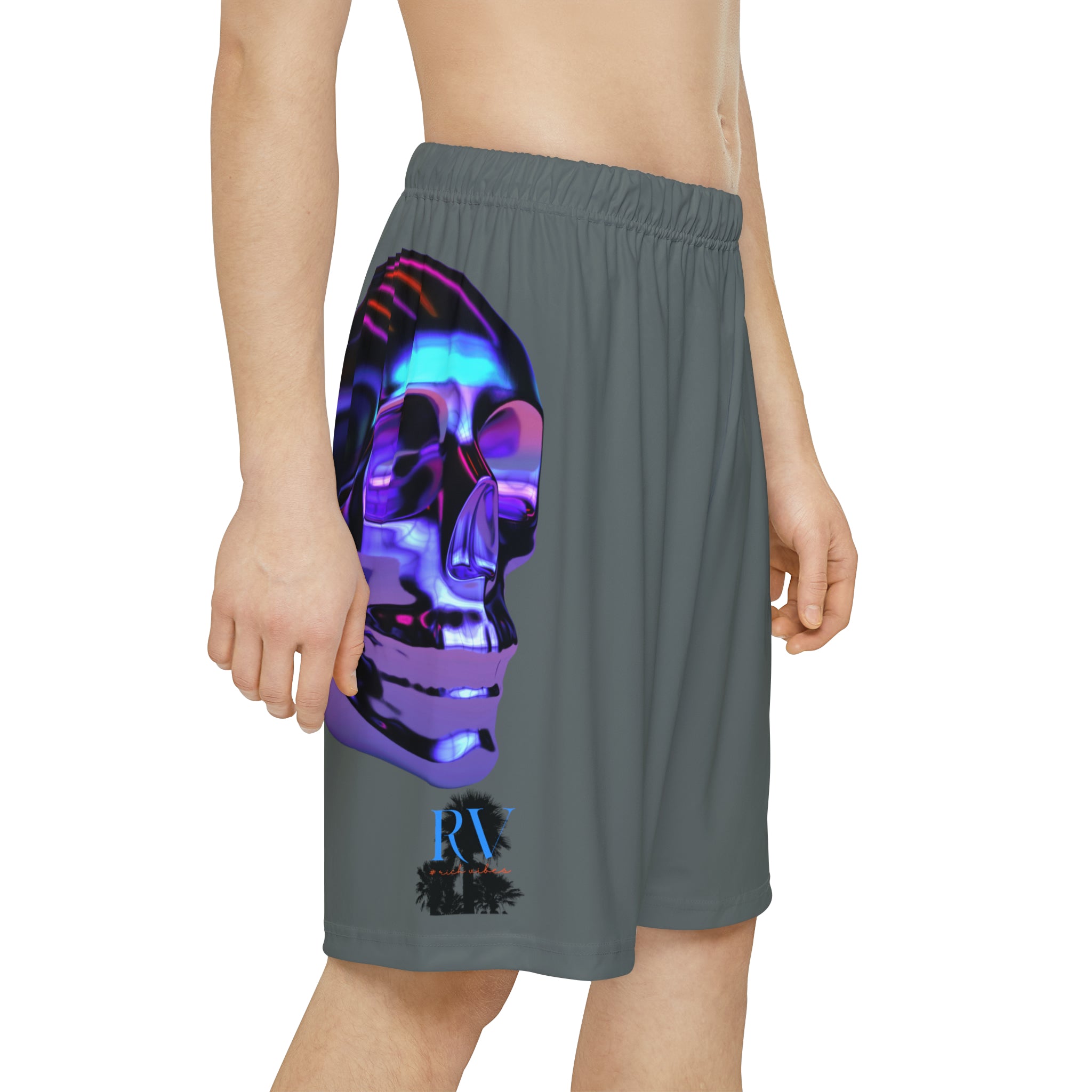 Rich Drip Psychedelic Metal Skull - RV Palm Tree Silhouette Men’s Sports Shorts (AOP) D-Grey