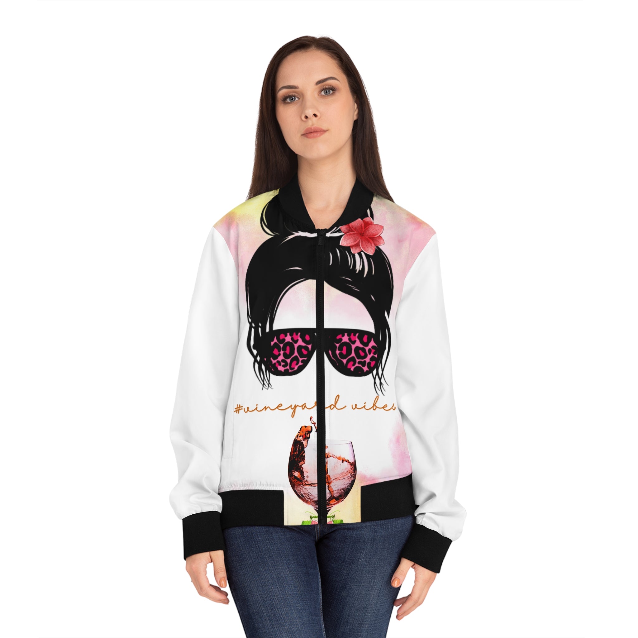 Vineyard Vibes Fine Wine 1.2 - Women's White Bomber Jacket (AOP)