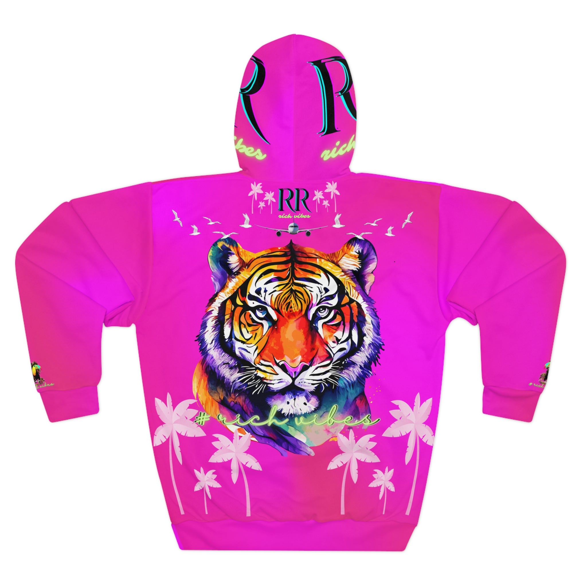 Rich Vibes Volt Green RR Hot Pink Tropical Pink Palm Tree Jungle Tiger - Unisex Pullover Hoodie (AOP)
