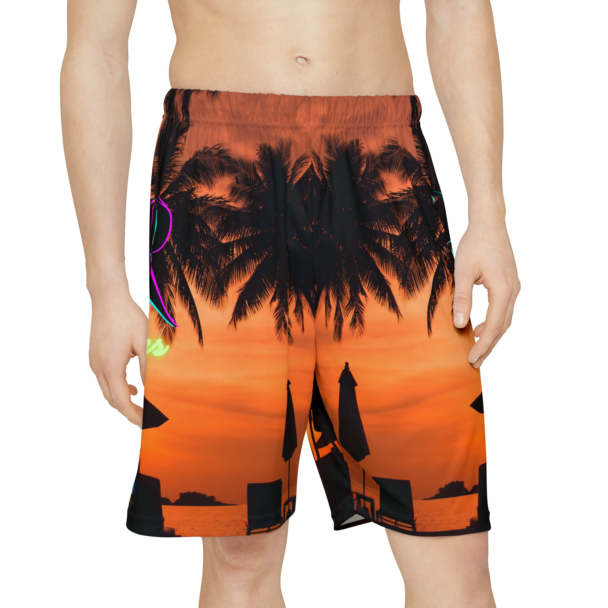 Rich Vibes RR Red Sunset RV Palm Tree Silhouette 1.0 Invert - Men’s Sports Shorts (AOP) Red