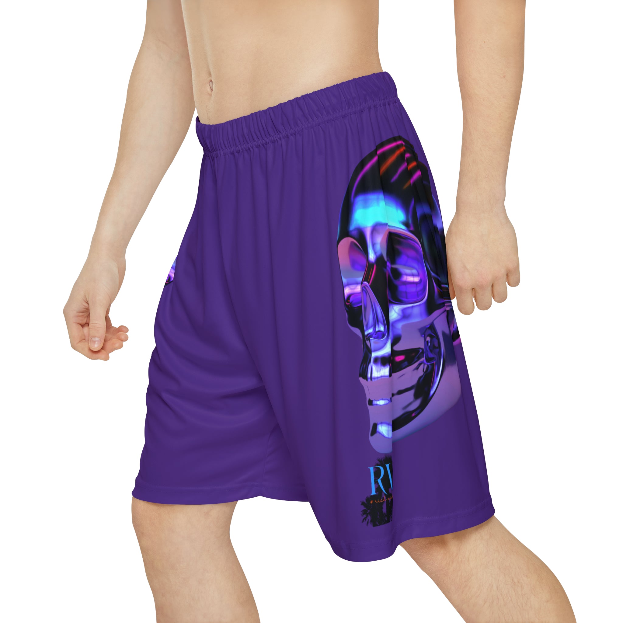 Rich Drip Psychedelic Metal Skull - RV Palm Tree Silhouette Men’s Sports Shorts (AOP) Purple