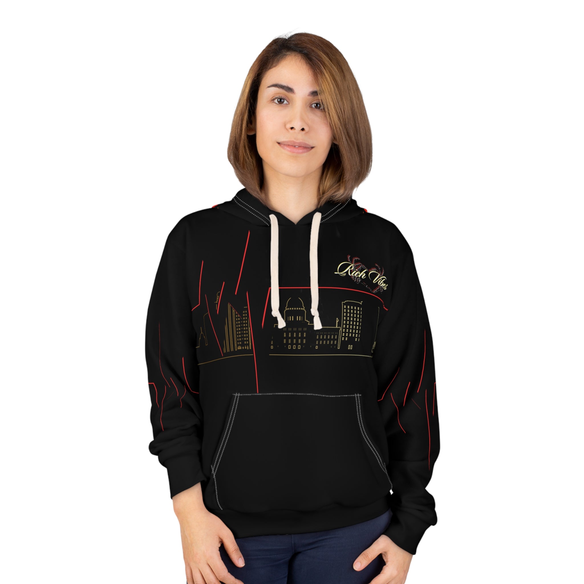 Rich Vibes Pulse of the City Sunset - Unisex Pullover Hoodie (AOP) Black