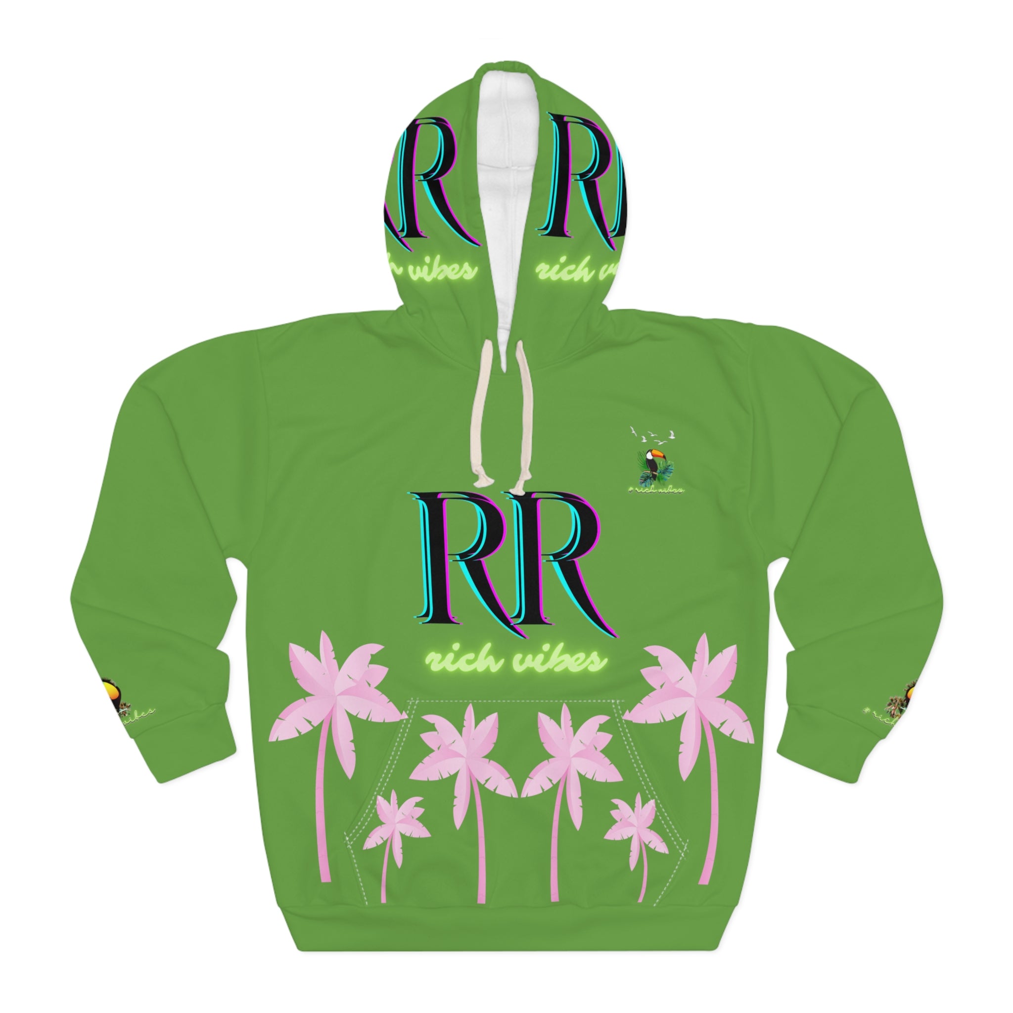 Rich Vibes Volt Leaf Green RR Tropical Pink Palm Tree Jungle Tiger - Unisex Pullover Hoodie (AOP)