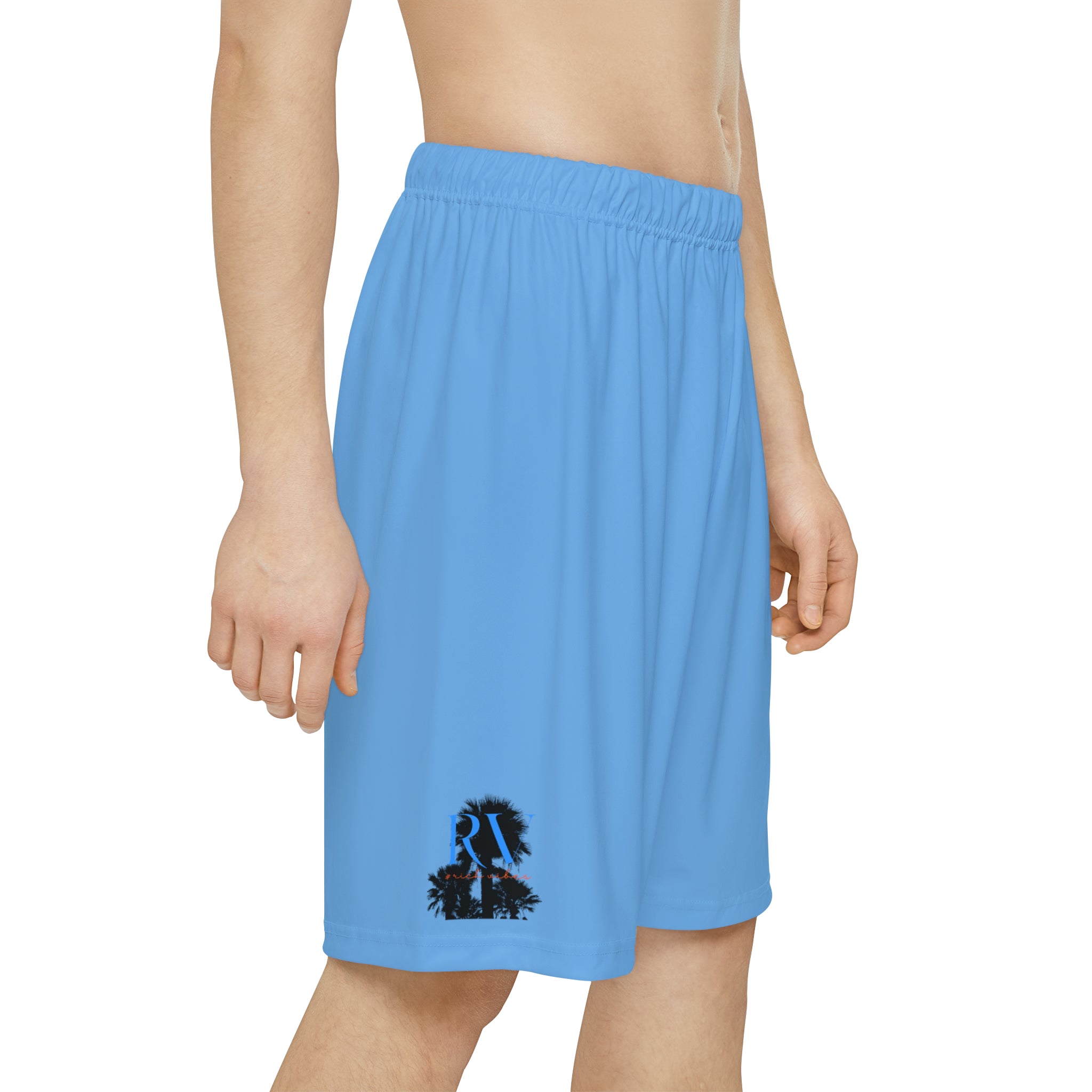 Rich Vibes RV Palm Tree Silhouette Men’s Sports Shorts (AOP) Light Blue