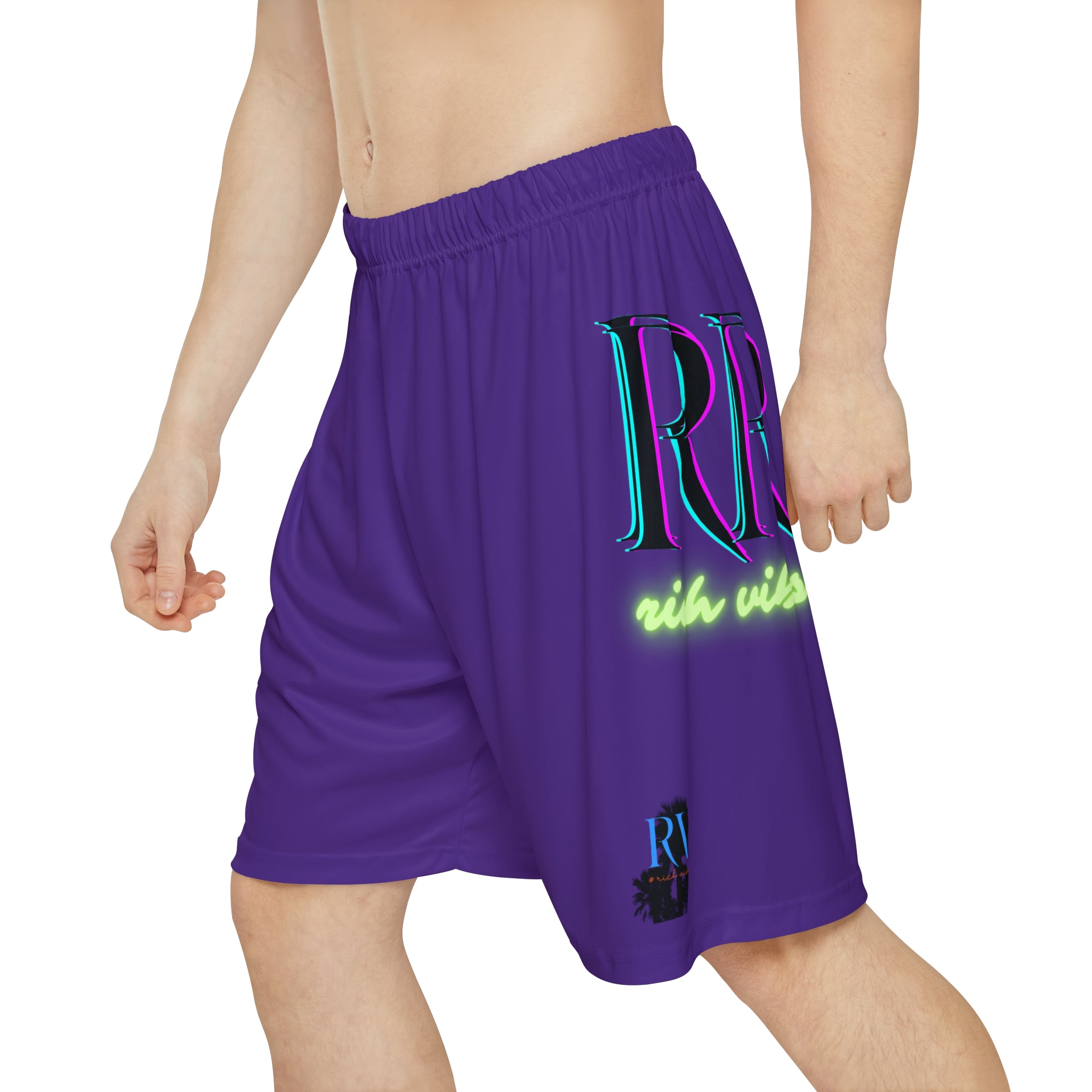 Rich Vibes RR RV Palm Tree Silhouette - Men’s Sports Shorts (AOP) Purple
