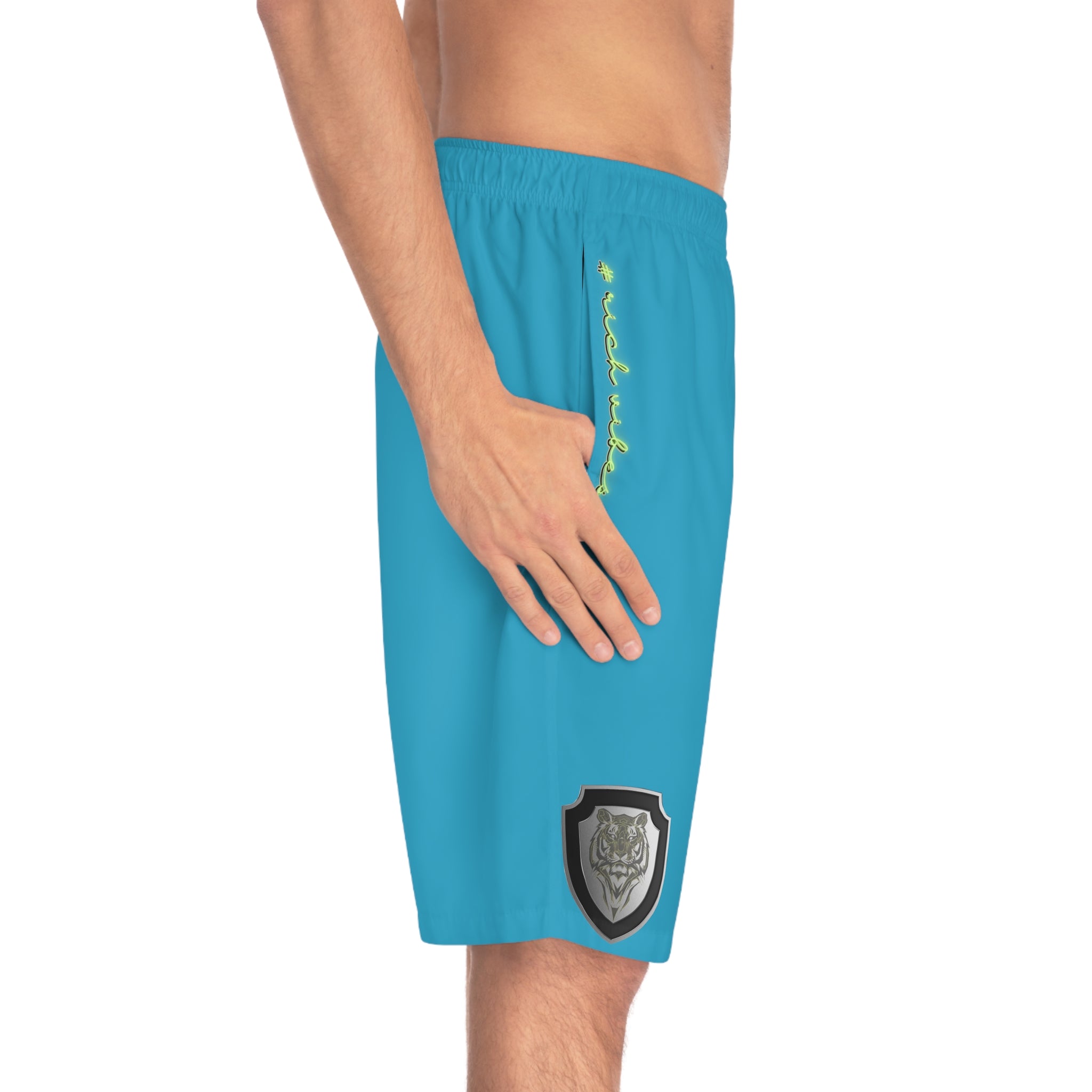 Rich Vibes Brand Of The Brave Volt MG Tiger Shield Turquoise - Men's Board Shorts (AOP)