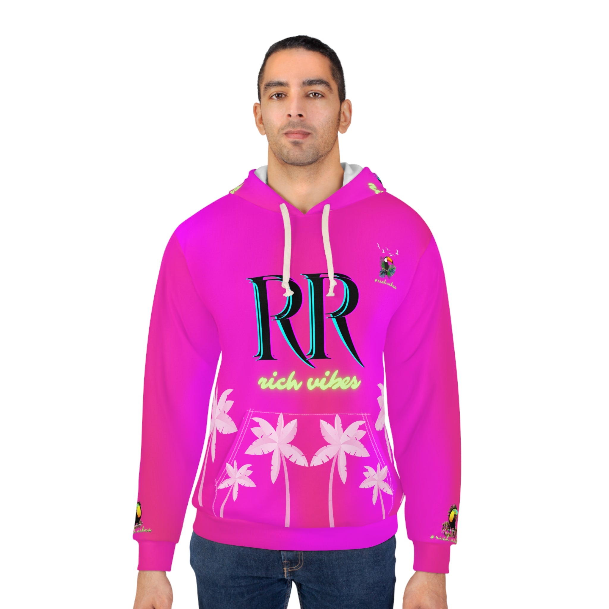 Rich Vibes Volt Green RR Hot Pink Tropical Pink Palm Tree Jungle Tiger - Unisex Pullover Hoodie (AOP)