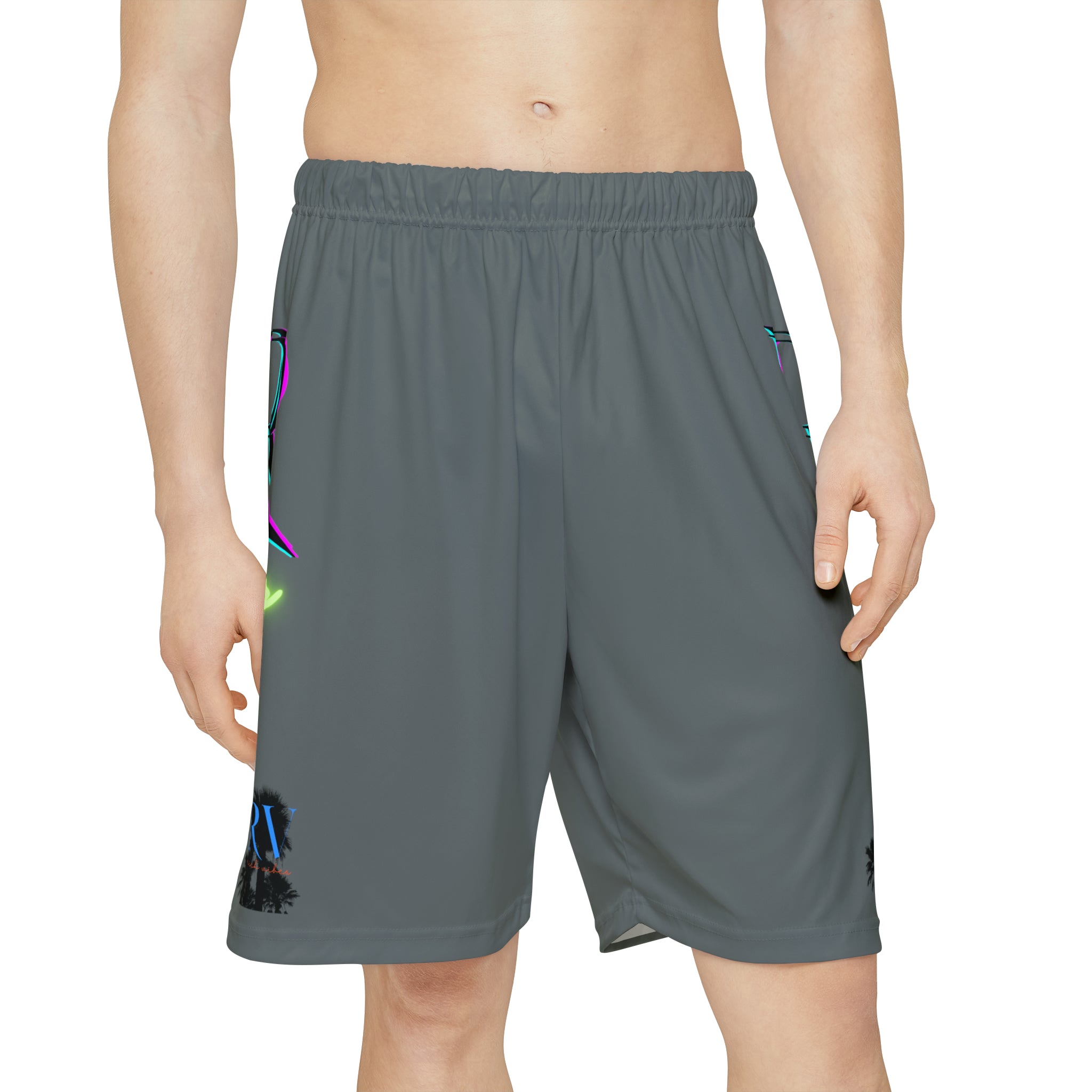 Rich Vibes RR RV Palm Tree Silhouette - Men’s Sports Shorts (AOP) Dark Grey