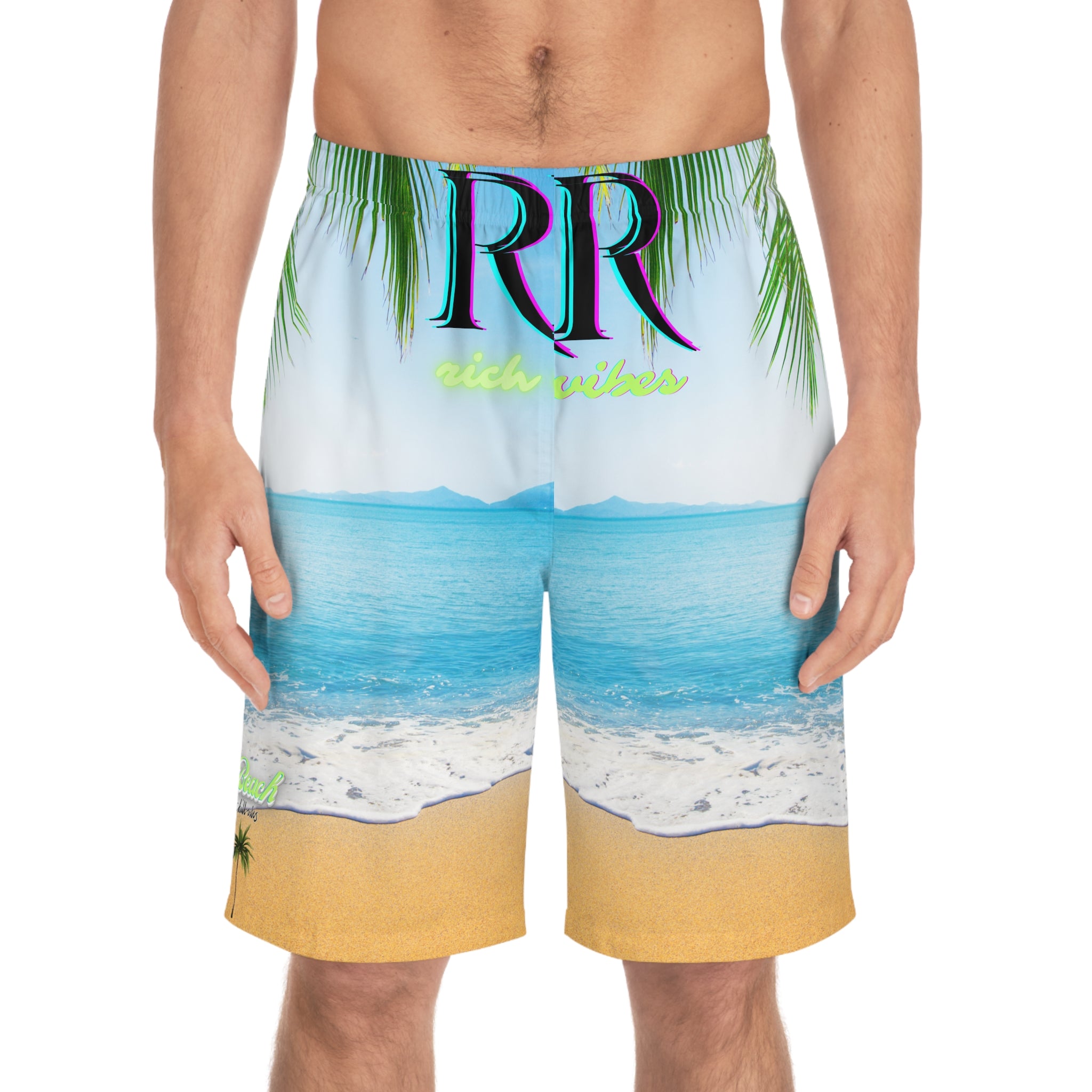 Rich Vibes Sky Blue Sea Foam Beach Chill Vibes - Men's Board Shorts (AOP)