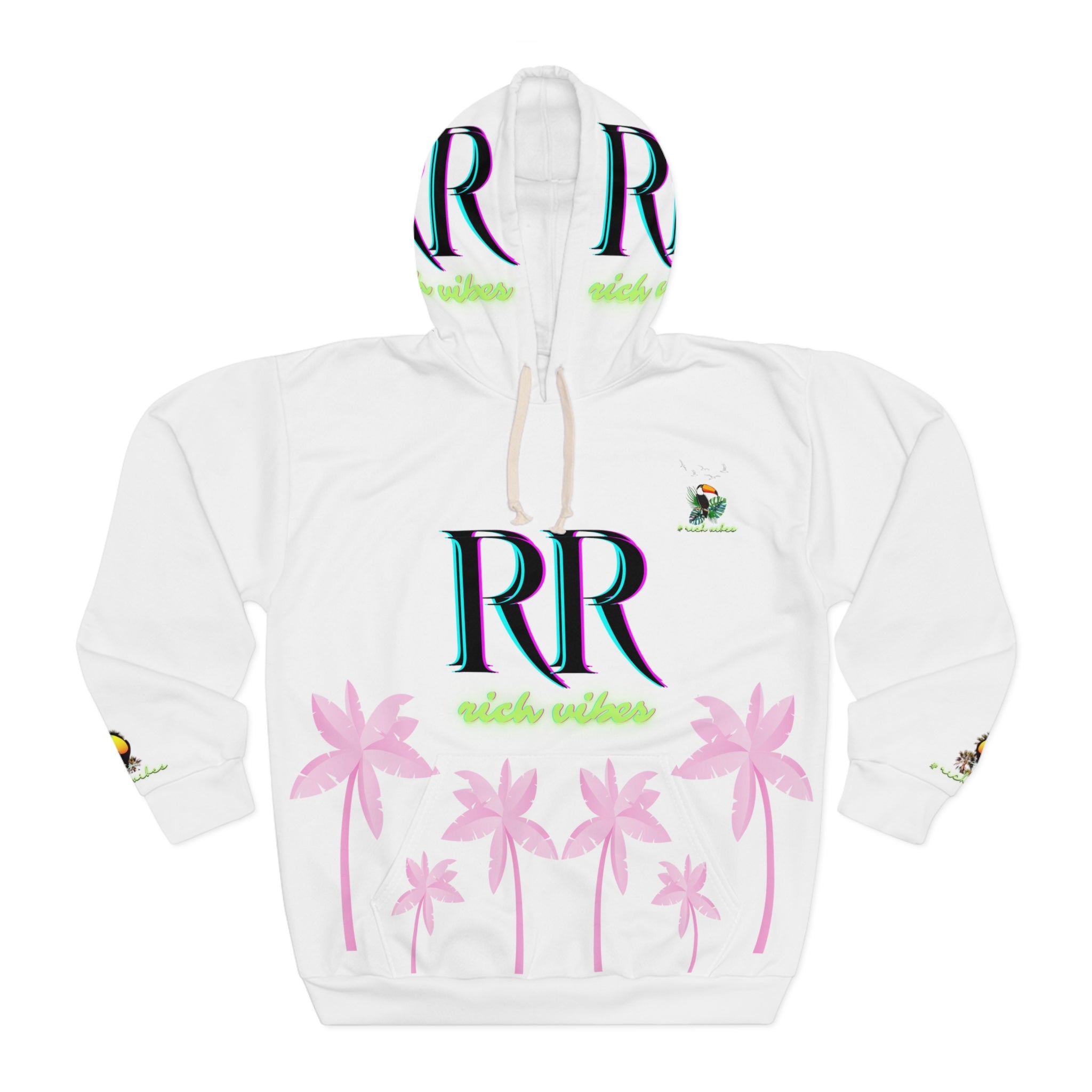 Rich Vibes Volt Green RR White Tropical Pink Palm Tree Jungle Tiger - Unisex Pullover Hoodie (AOP)