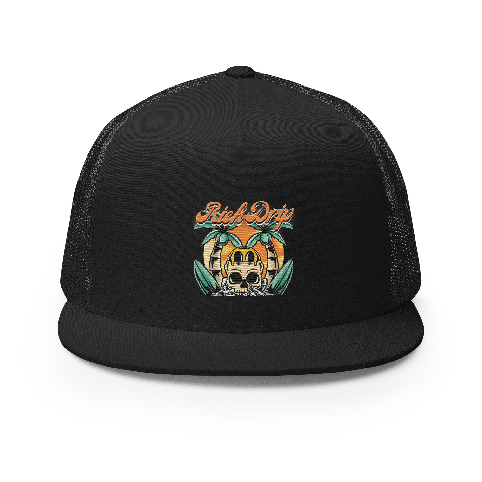 RV5 Rich Drip Orange Skull Palm Tree Sunset Black - Trucker Cap