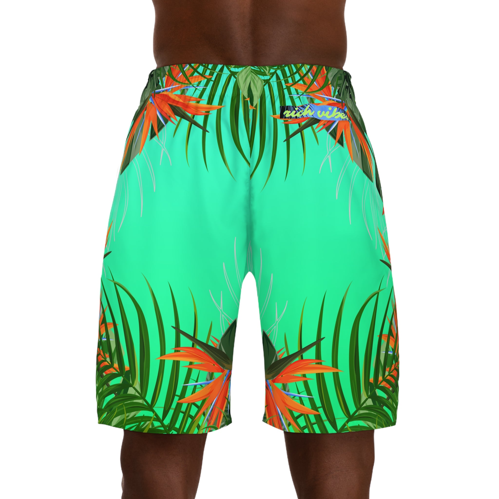 Rich Vibes Volt Green Tropical Jungle Print - Men's Jogger Shorts (AOP)Black