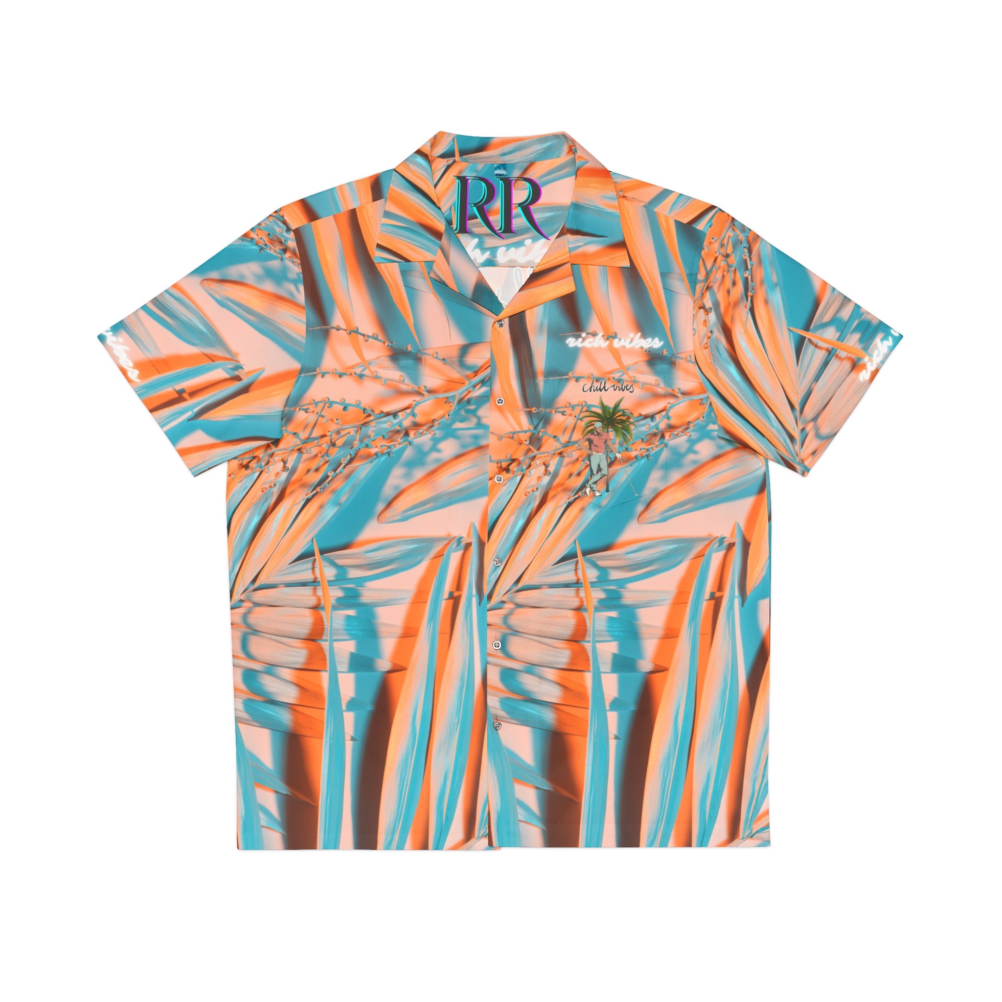 Rich Vibes Colorful Palm Tree Golfer Turquoise Peach Palm Tree 2.0 - Men's Hawaiian Shirt (AOP)