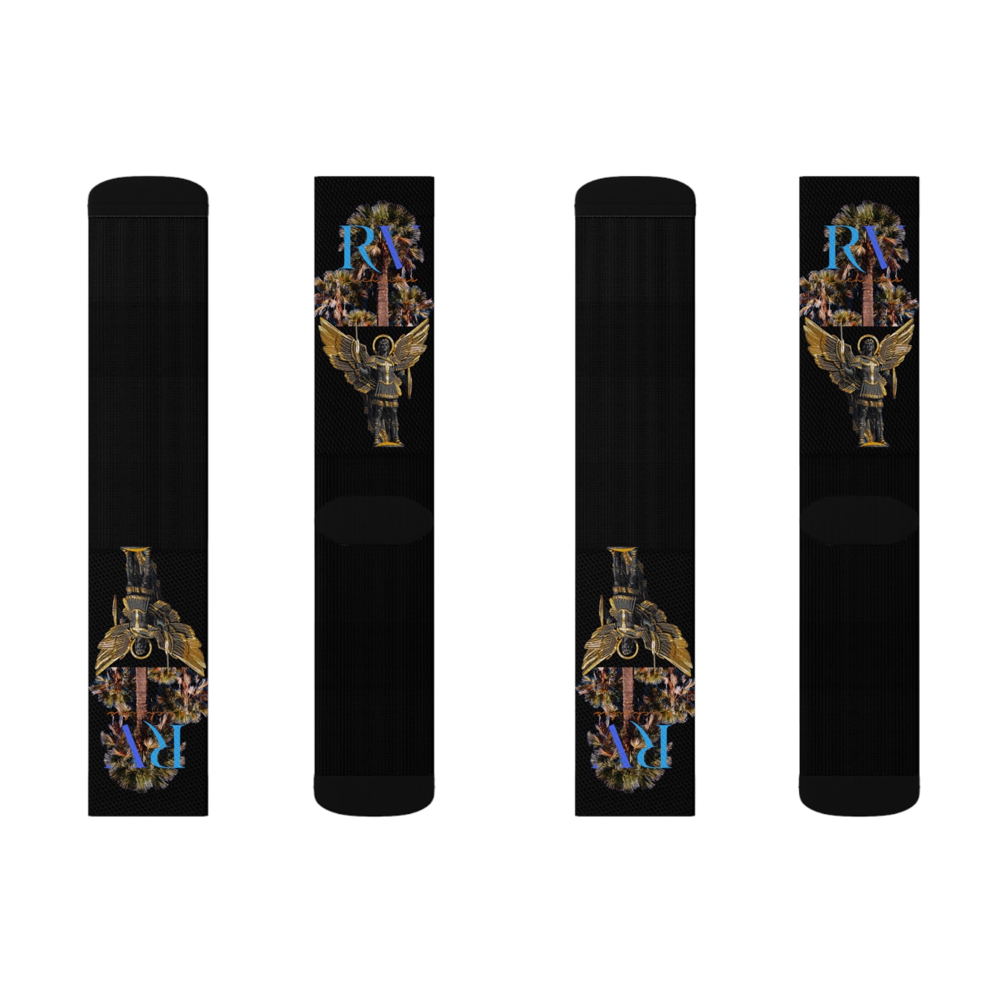 Rich Vibes RV Palm Tree Logo Archangel Michael Black - Sublimation Socks