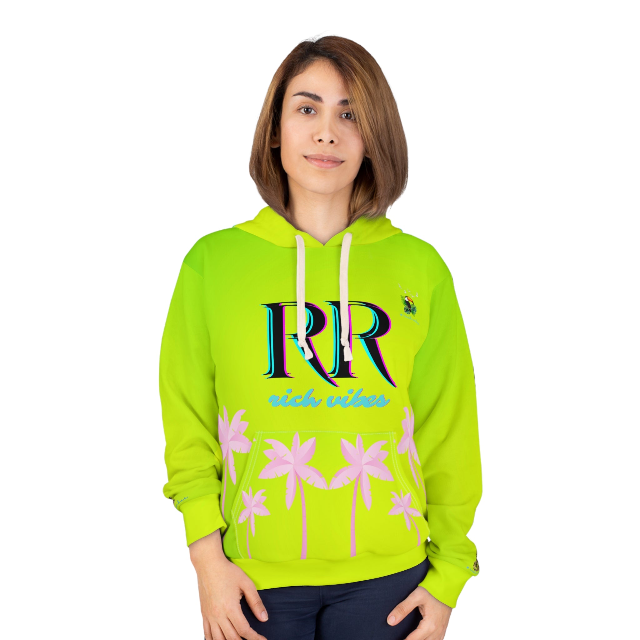 Rich Vibes Volt Blue RR Lime Green Tropical Pink Palm Tree Jungle Tiger - Unisex Pullover Hoodie (AOP)