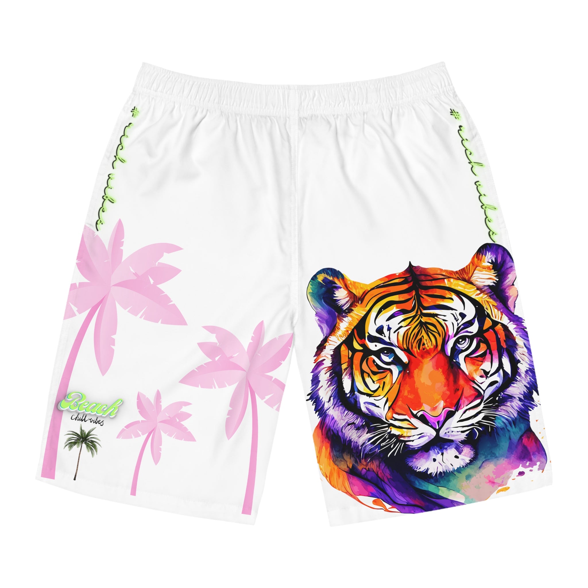 Rich Vibes Black Volt White Tropical Palm Tree Beach Chill Vibes 2.5 - Men's Board Shorts (AOP)