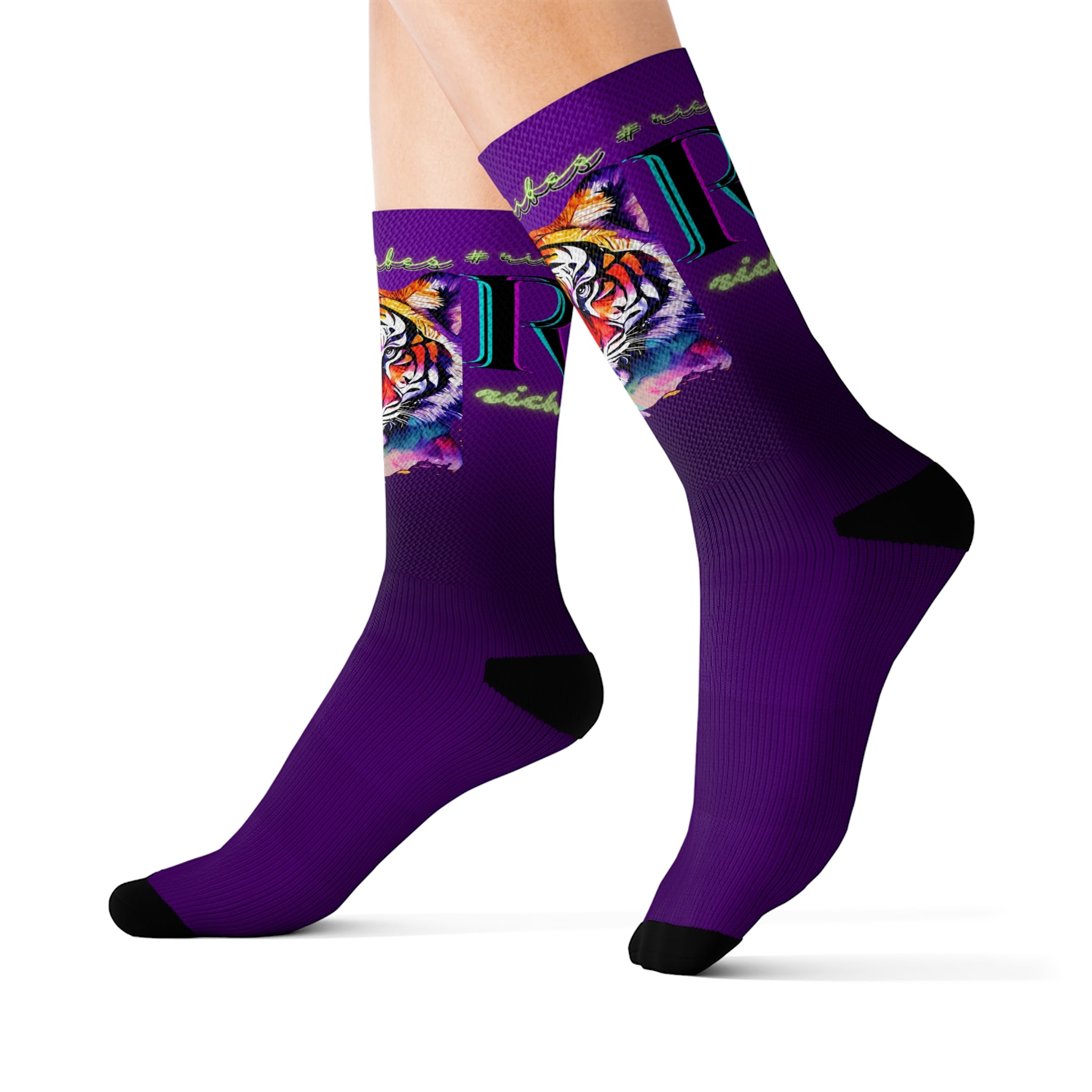 Rich Vibes RR Purple Tropical Jungle Tiger - Sublimation Socks Black