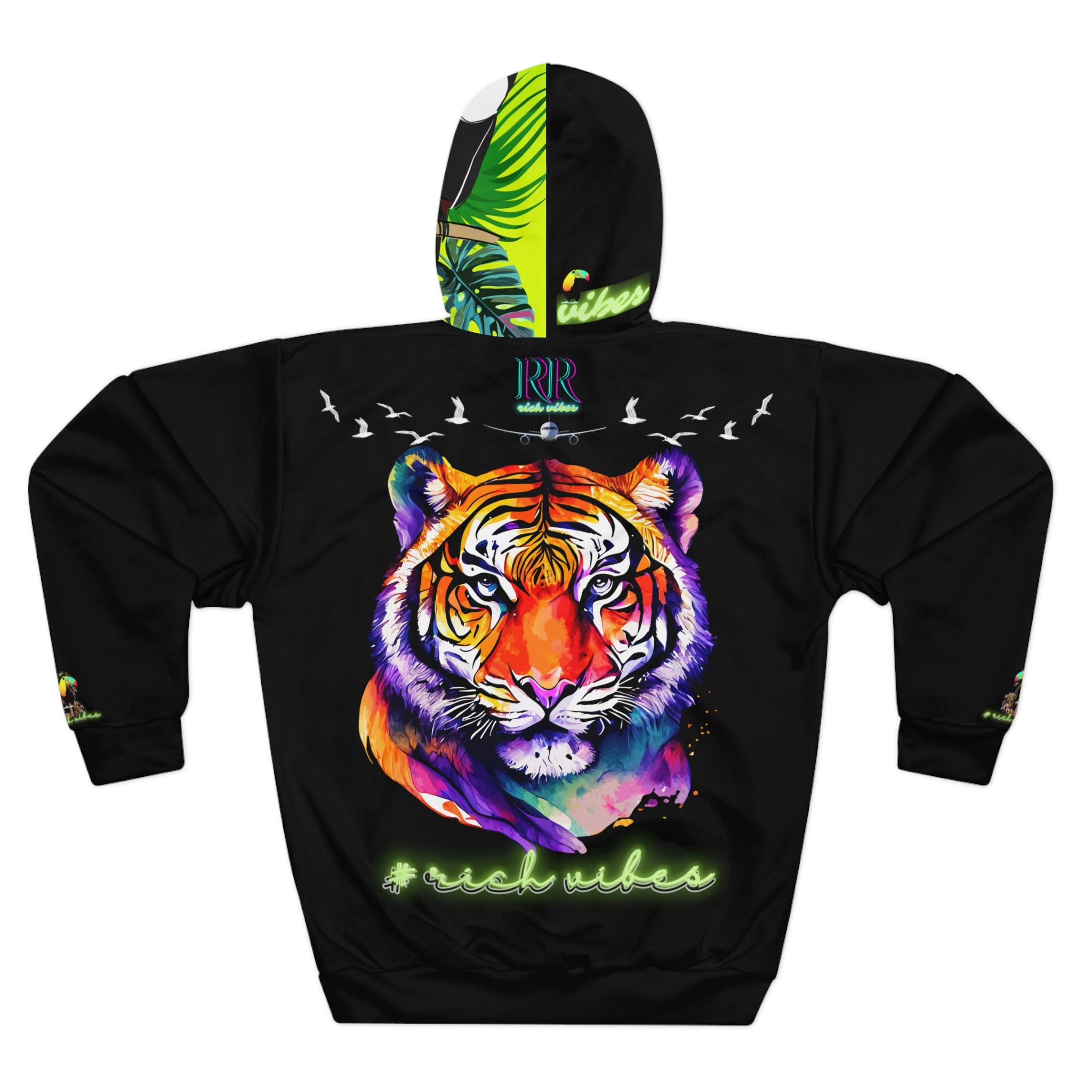 Rich Vibes Lime Green Volt RR Tropical Jungle Tiger 1.1 - Unisex Pullover Hoodie (AOP)