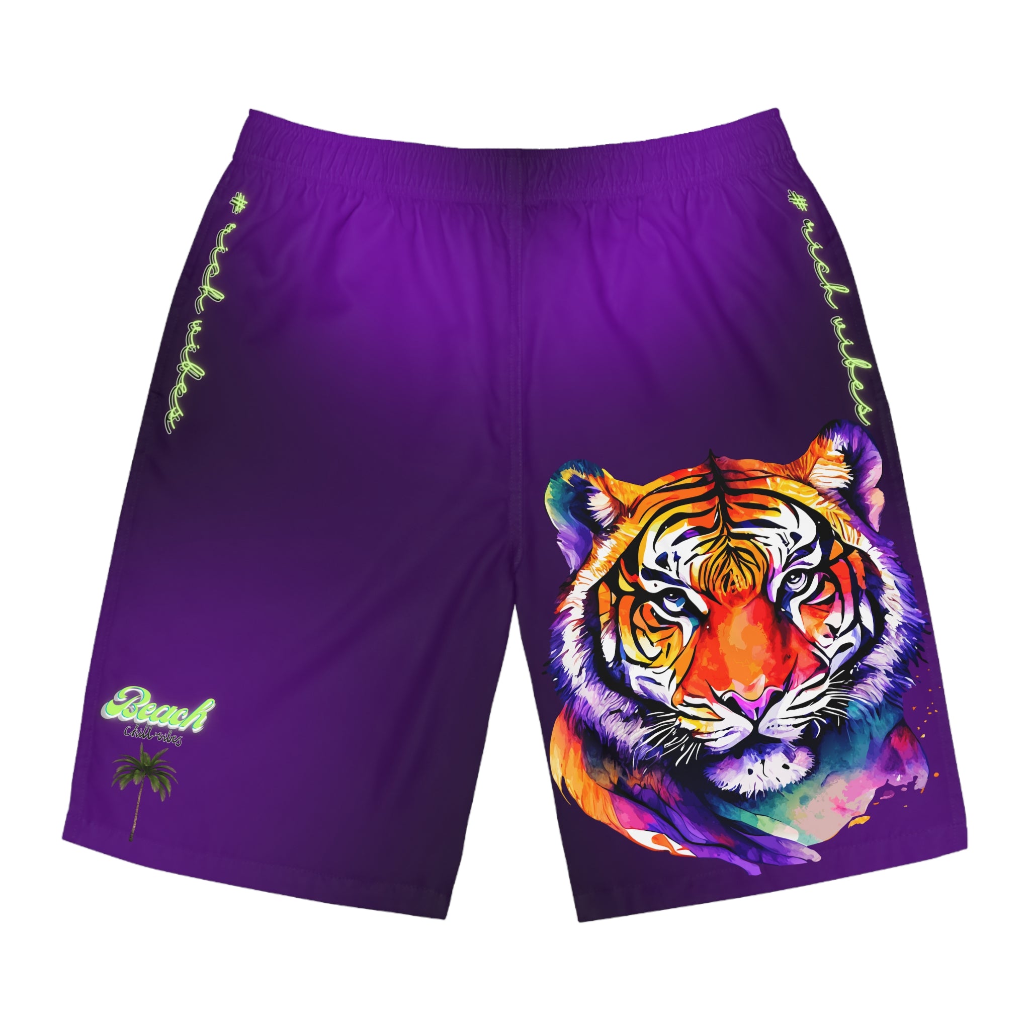 Rich Vibes Volt Purple Tropical Pink Palm Tree Beach Chill Vibes 2.0 - Men's Board Shorts (AOP)