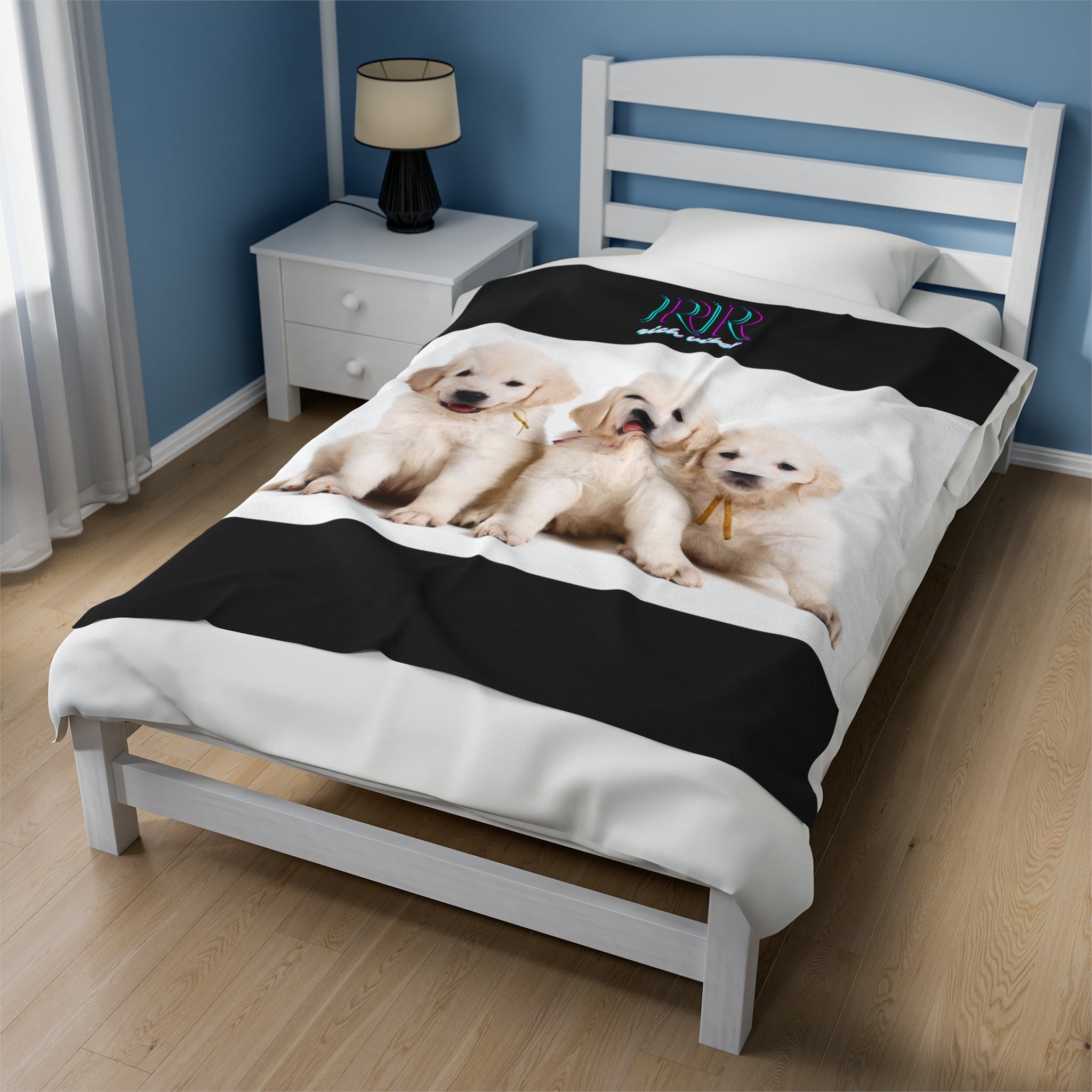 Rich Vibes RR Three White Retriever Pups - Velveteen Plush Blanket Black