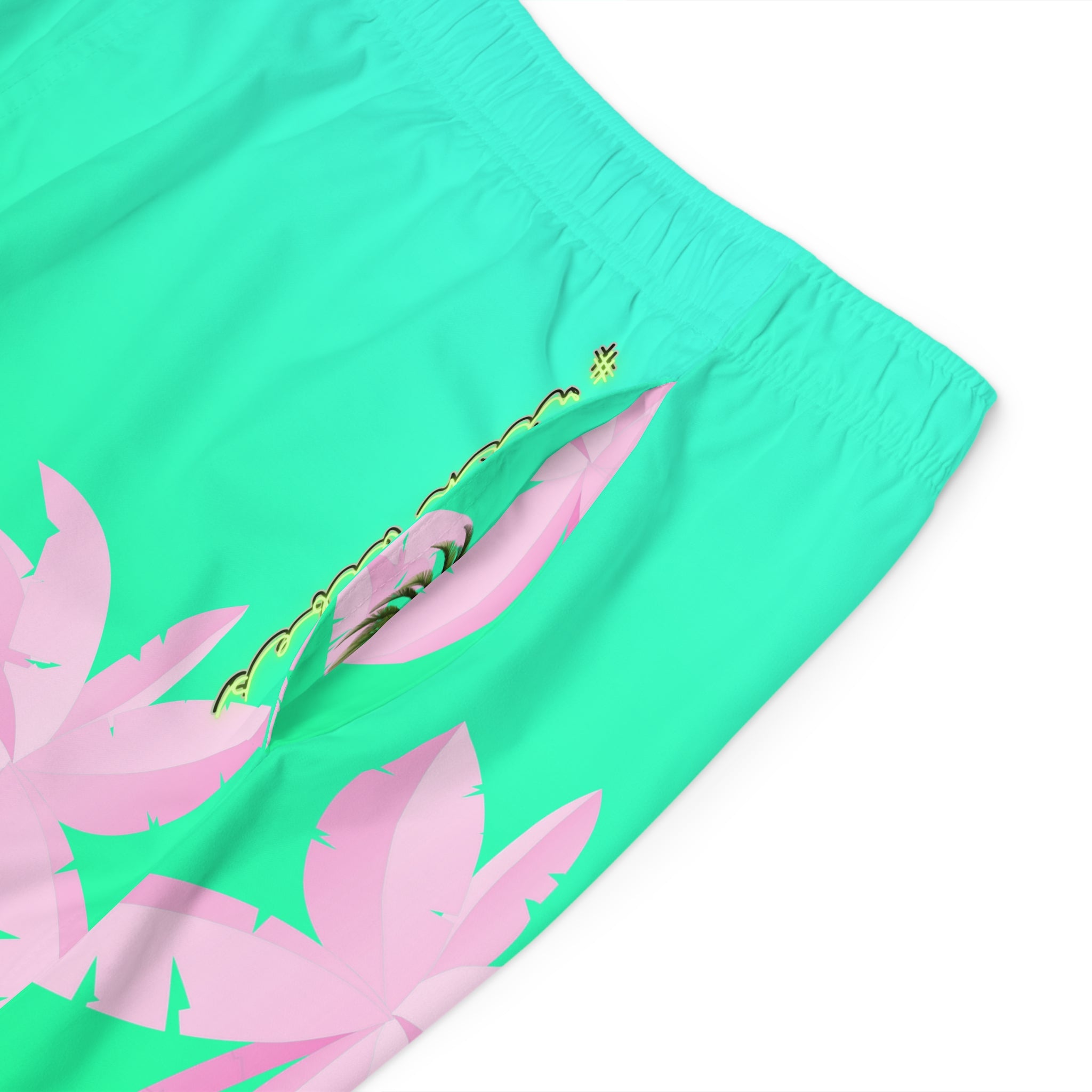Rich Vibes Volt Green Tropical Pink Palm Tree Beach Chill Vibes 1.0 - Men's Board Shorts (AOP)