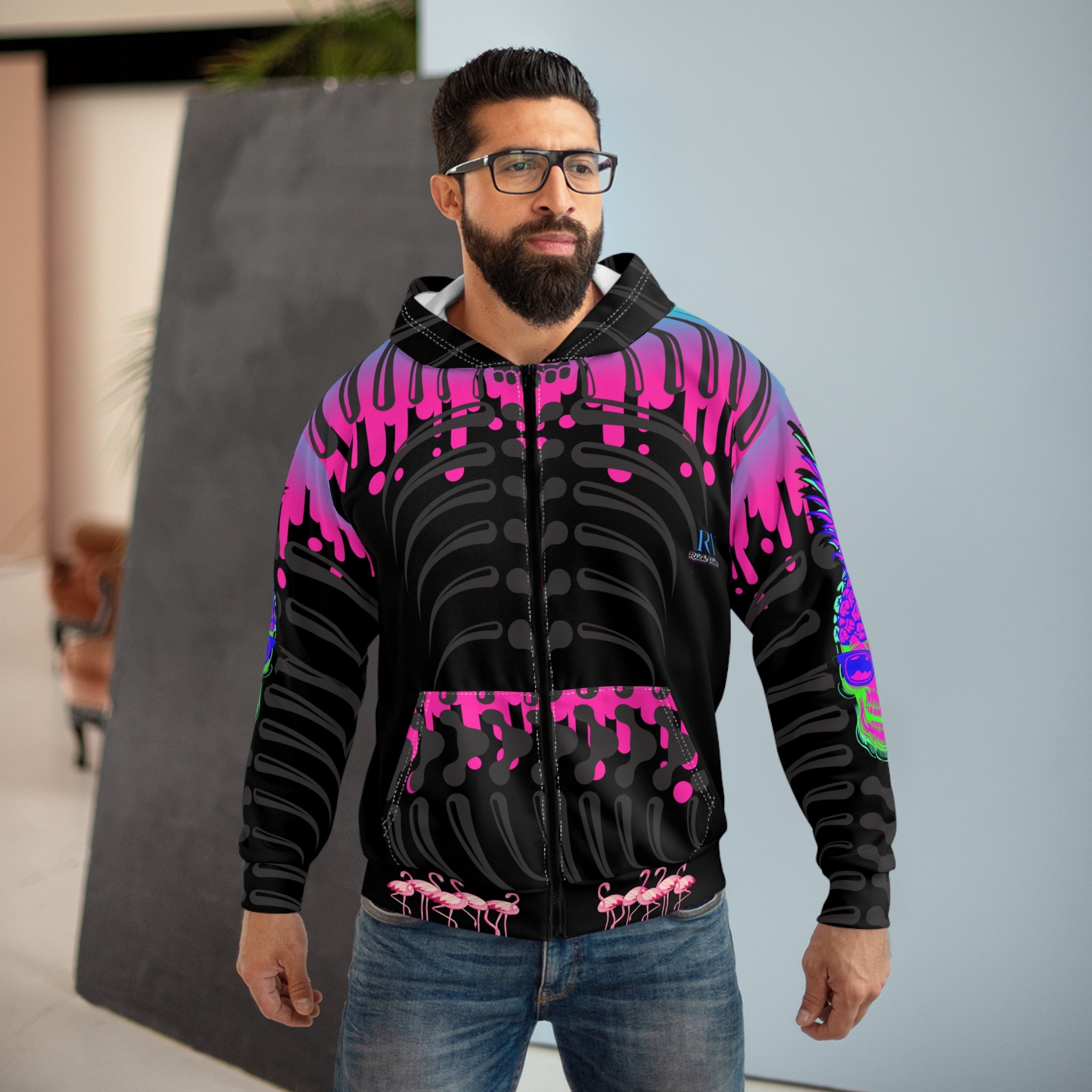 Rich Vibes RV Purple Pineapple Every Day Is A Fresh Start - Unisex Zip Hoodie (AOP) Black