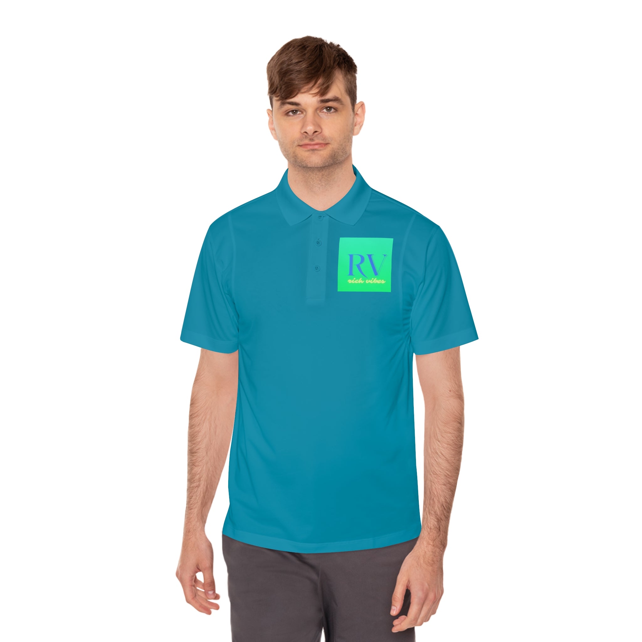 Rich Vibes RV Palm Tree Tropical Sea Green Back Logo 2.0 - Men's Sport Polo Shirt