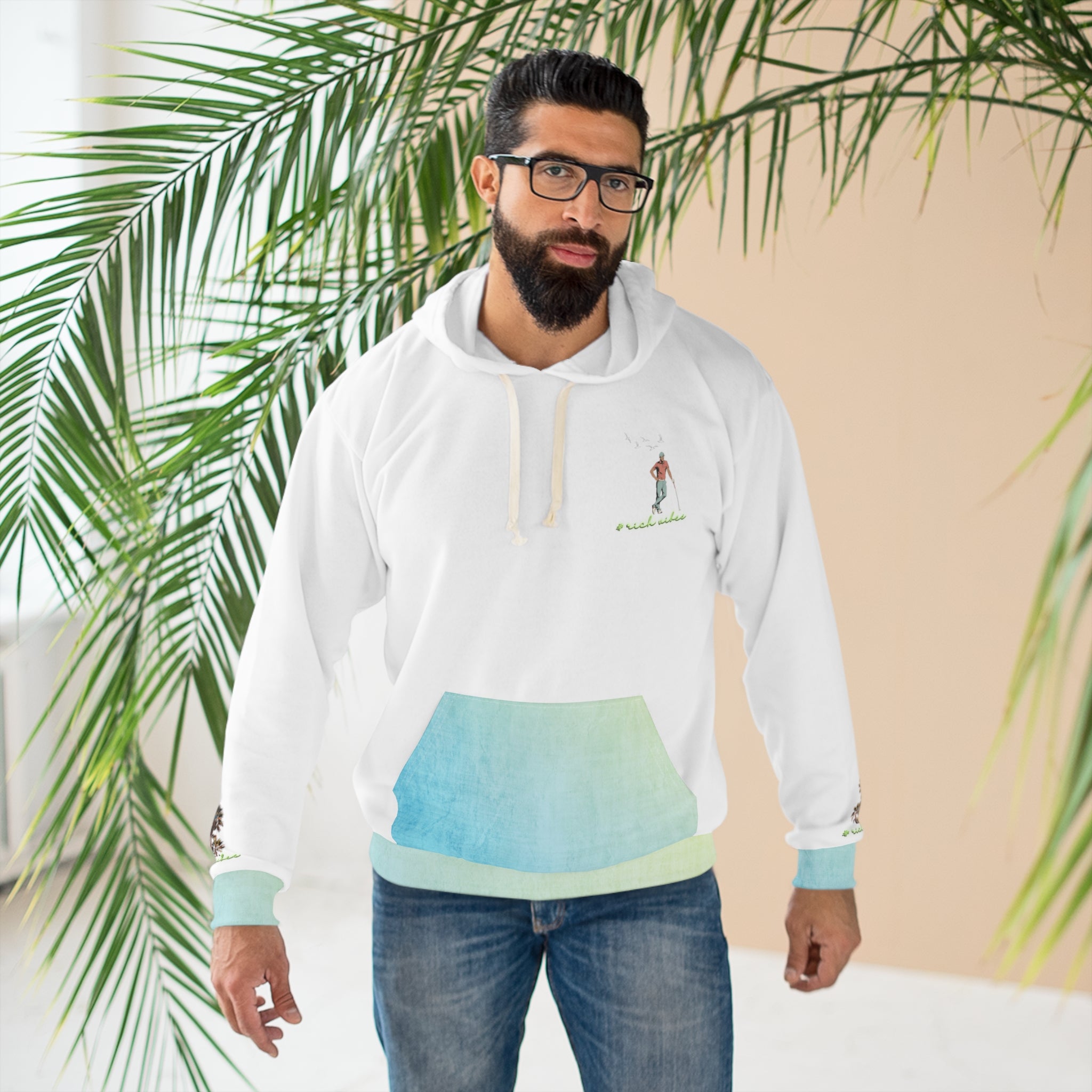 Rich Vibes Blueberry Lemonade White Colorful Palm Trees Volt Golf Pro 1.0 - Unisex Pullover Hoodie (AOP)