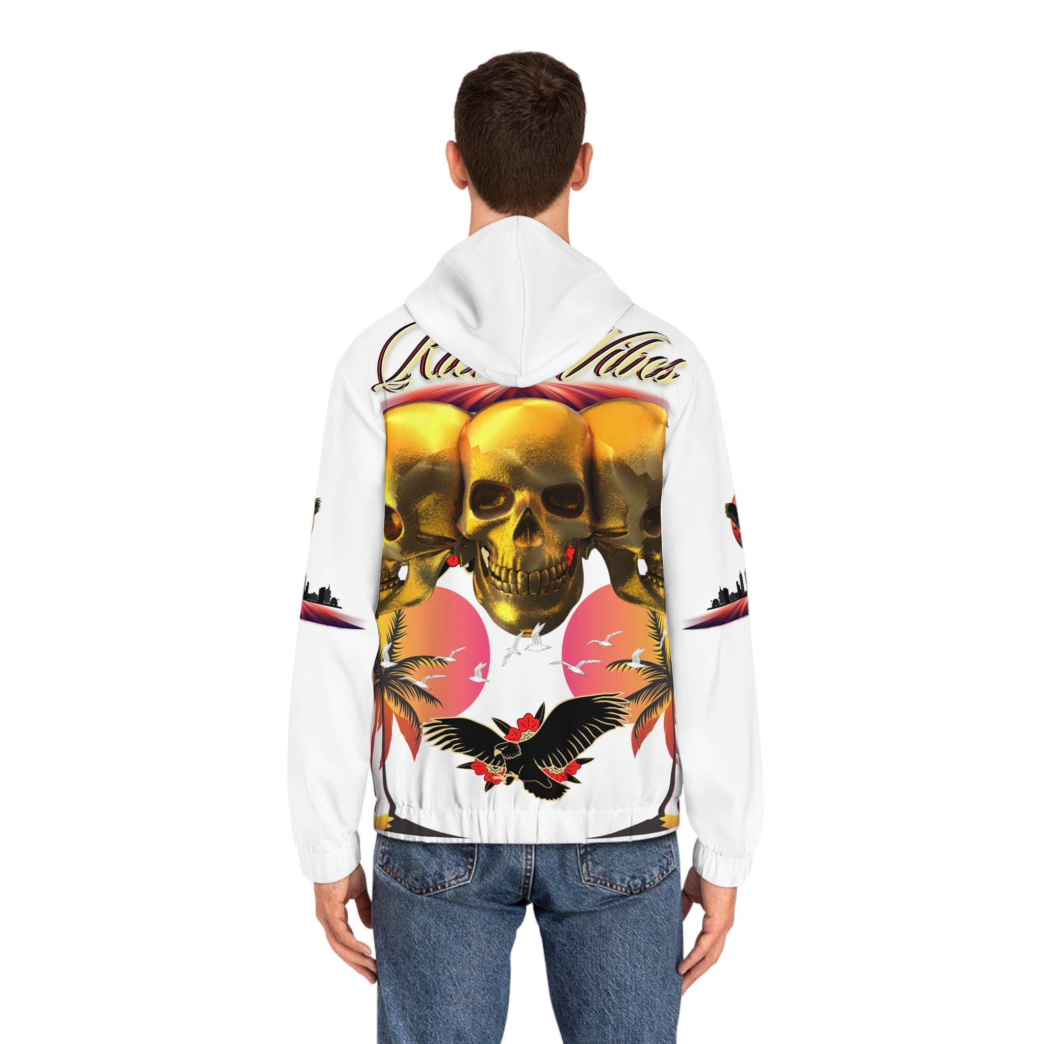 Rich Vibes Authentic Triple Golden Skull City Skyline 1.5 - Men's Full-Zip Hoodie (AOP) White