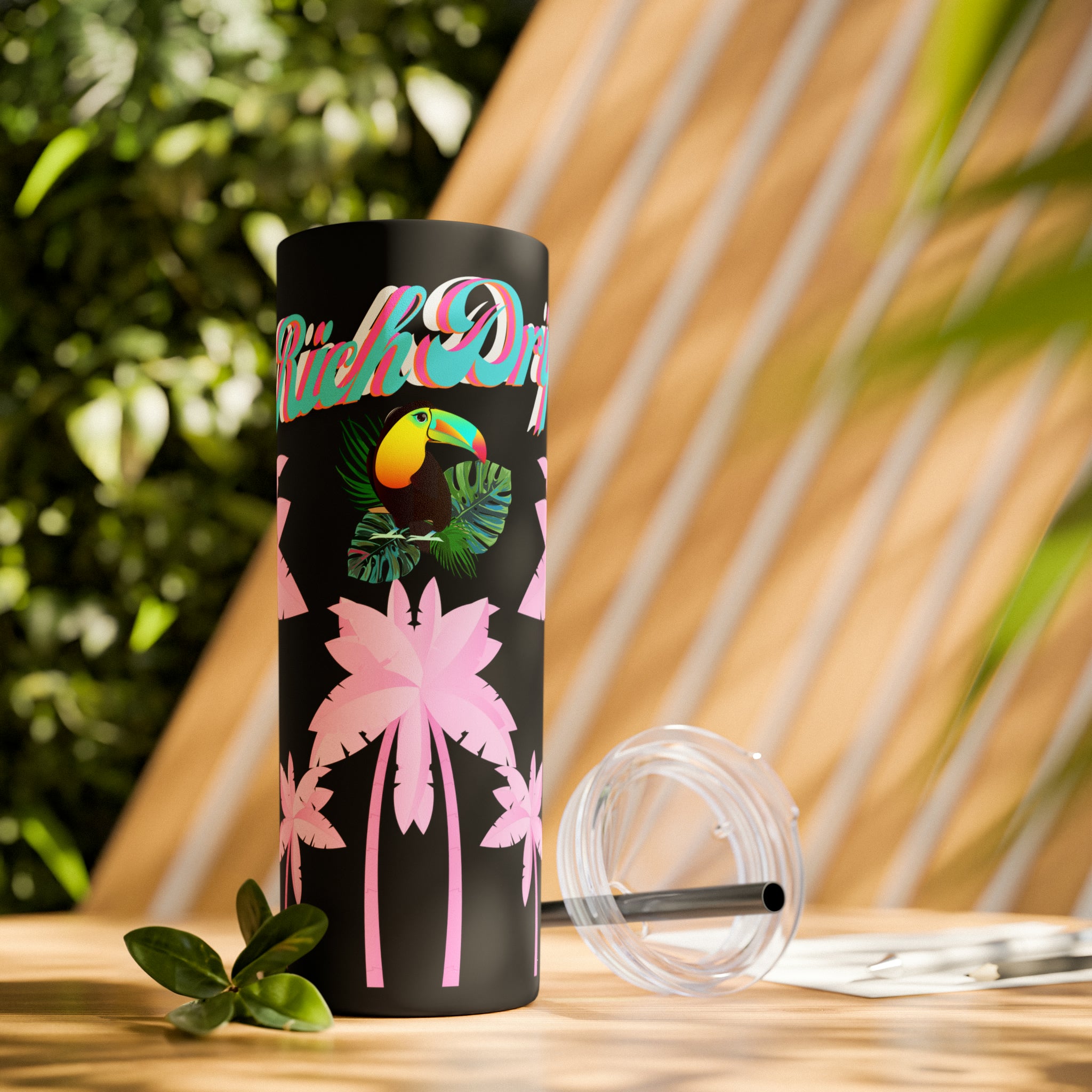 Rich Drip Tropical Pink Palm Tree - Skinny Tumbler with Straw, 20oz