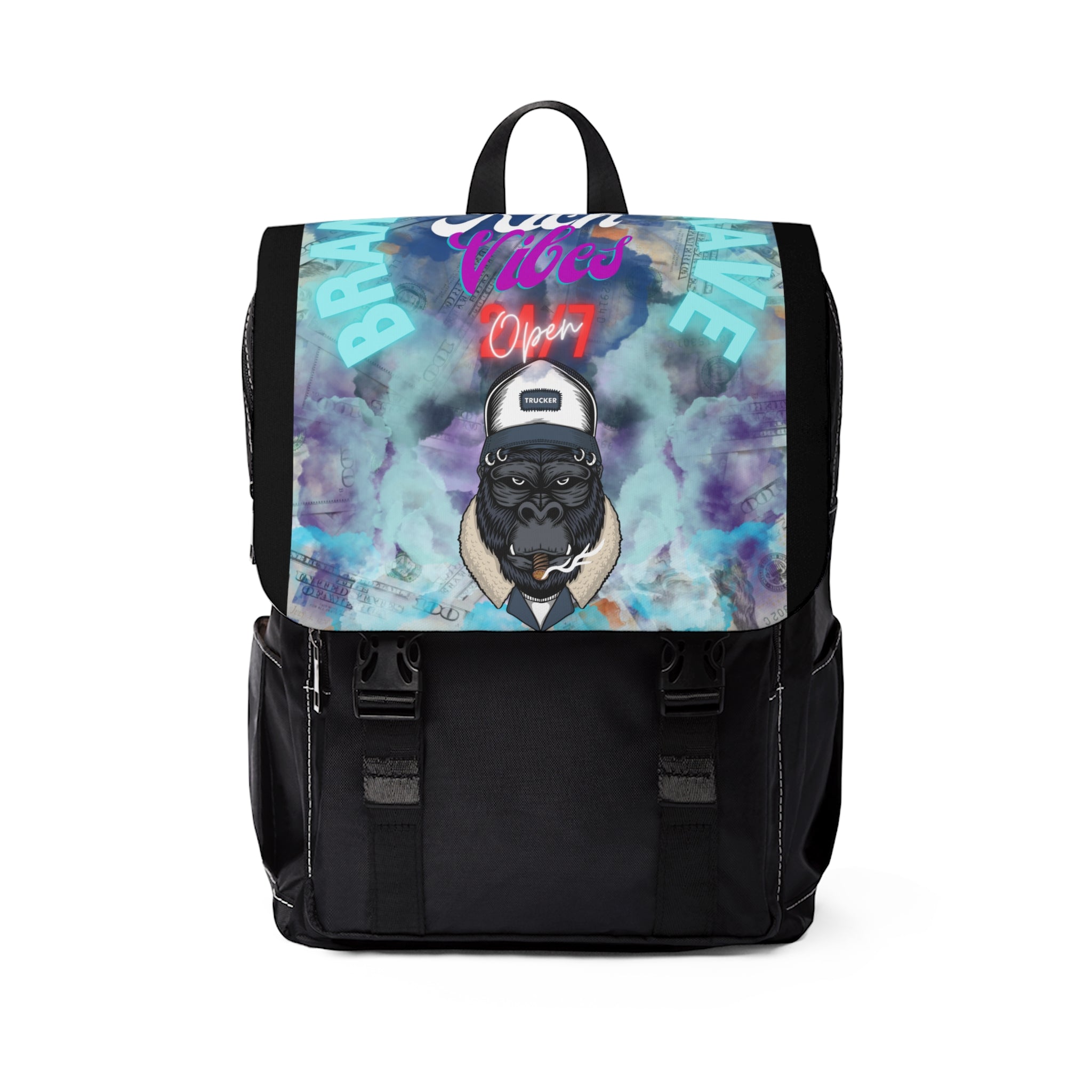 Rich Vibes Brand Of The Brave Apes Blue Faces Open 24/7 - Unisex Casual Shoulder Backpack