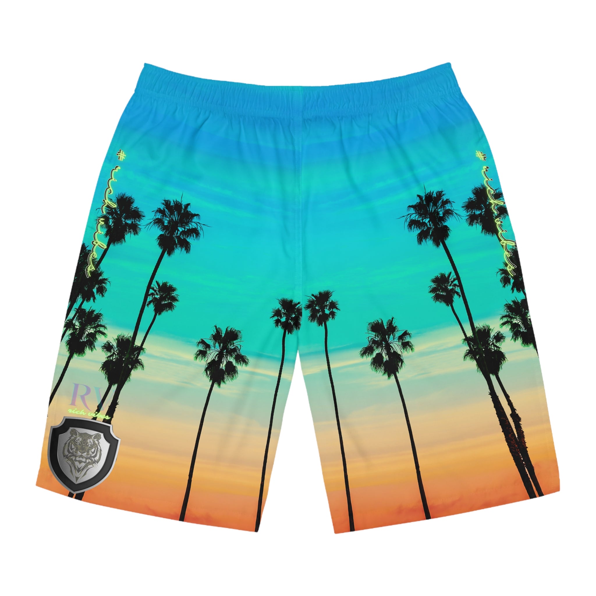 Rich Vibes Volt Turquoise Sunset Tiger Shield 1.0 - Men's Board Shorts (AOP)