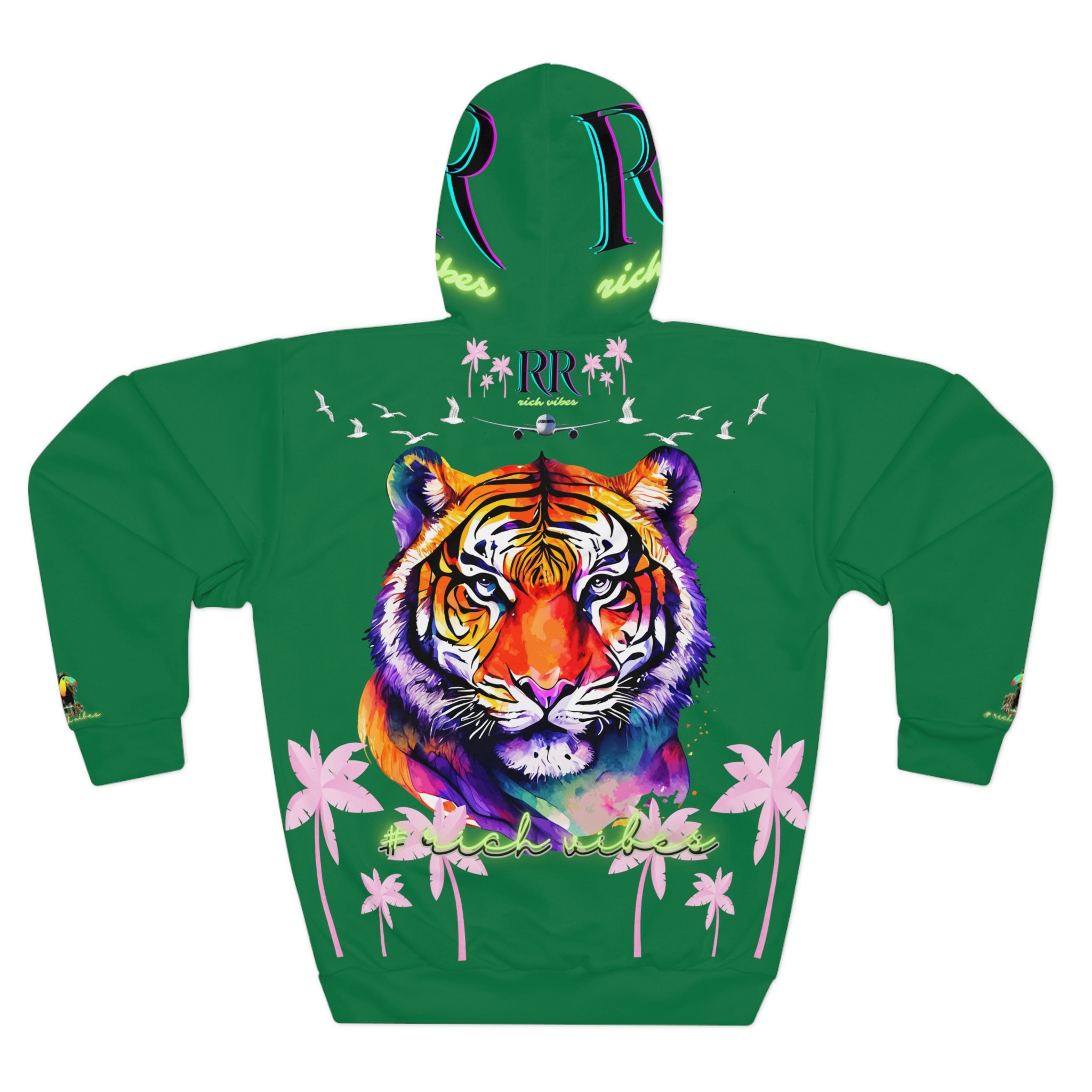Rich Vibes Volt Green RR Watermelon Green Tropical Pink Palm Tree Jungle Tiger - Unisex Pullover Hoodie (AOP)