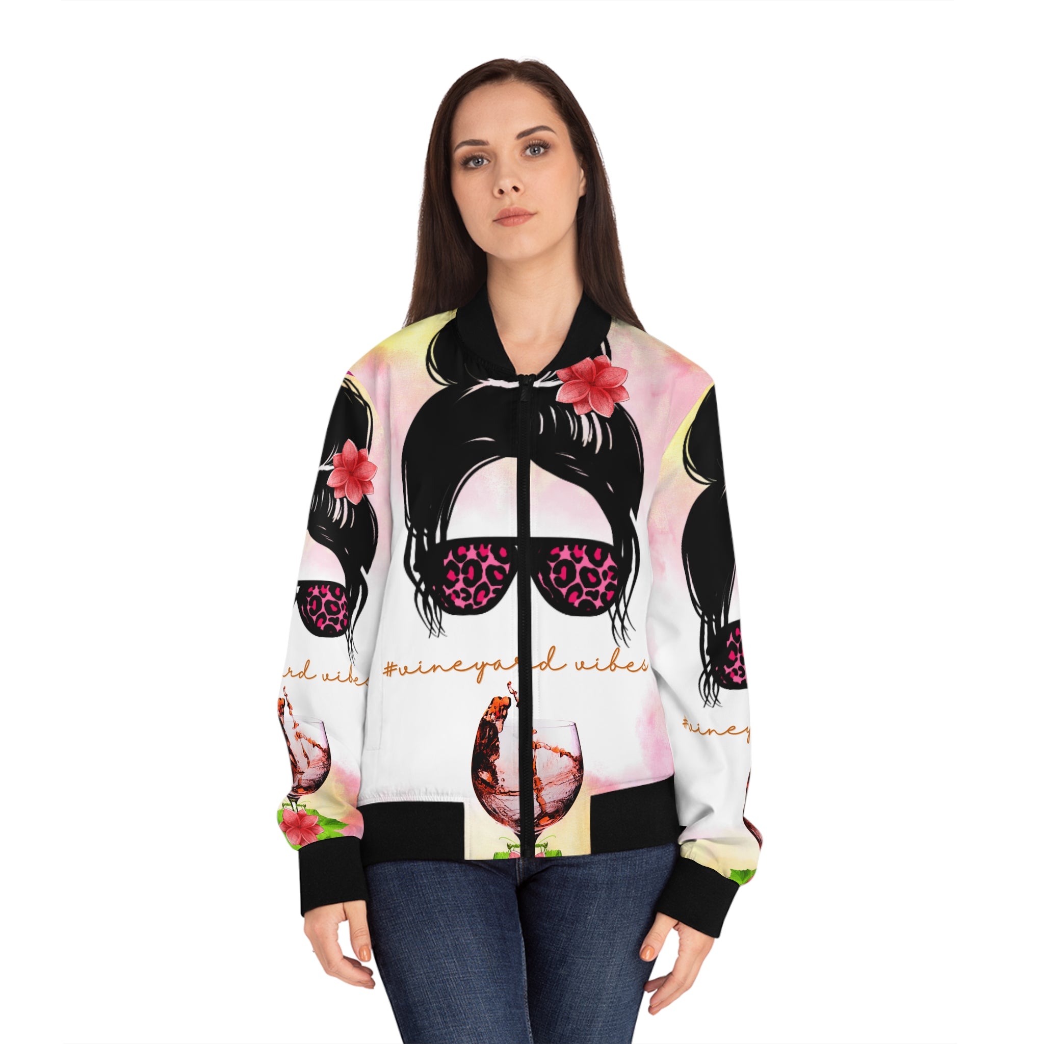 Vineyard Vibes Fine Wine 1.4 - Women's White Bomber Jacket (AOP)