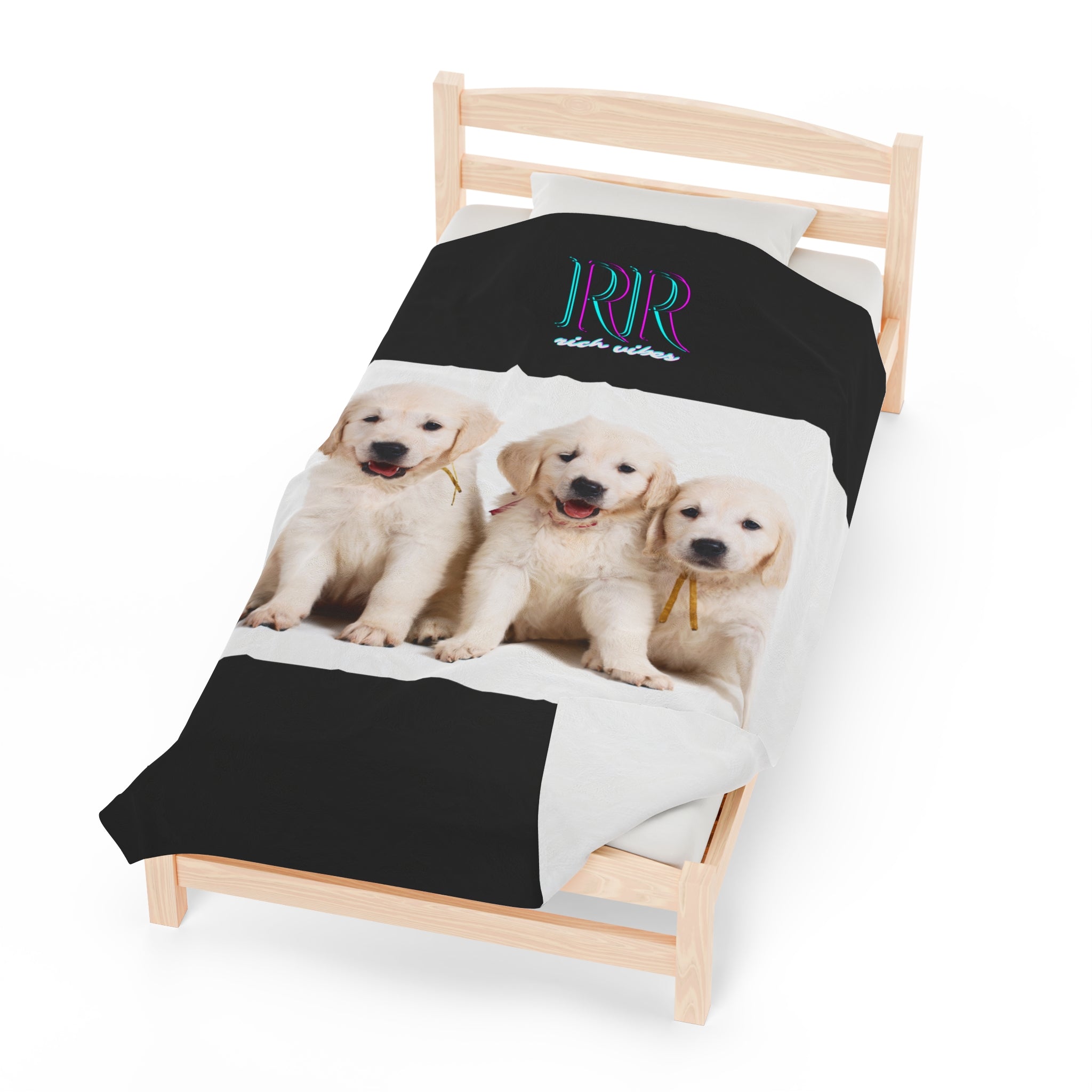 Rich Vibes RR Three White Retriever Pups - Velveteen Plush Blanket Black