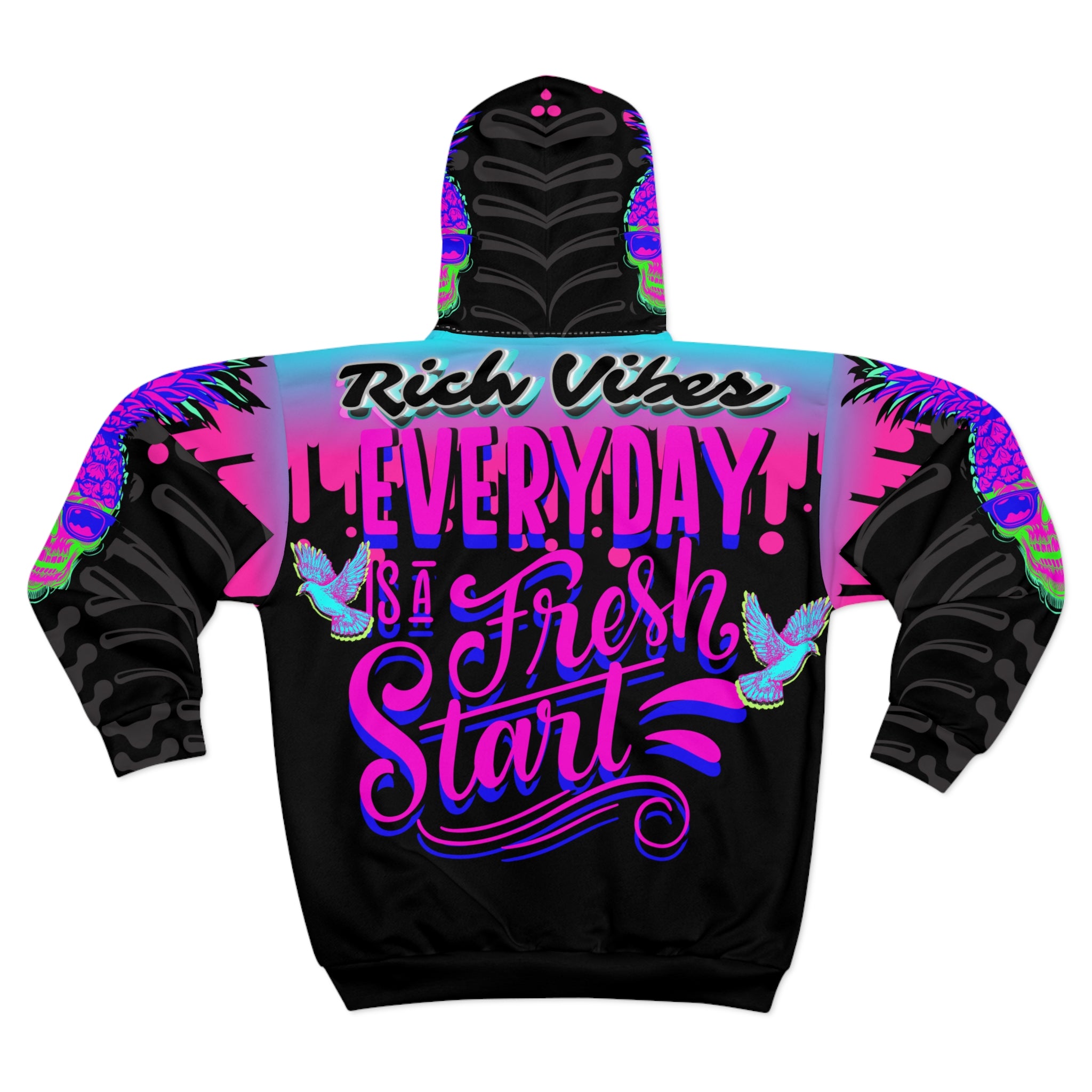 Rich Vibes RV Purple Pineapple Every Day Is A Fresh Start - Unisex Zip Hoodie (AOP) Black