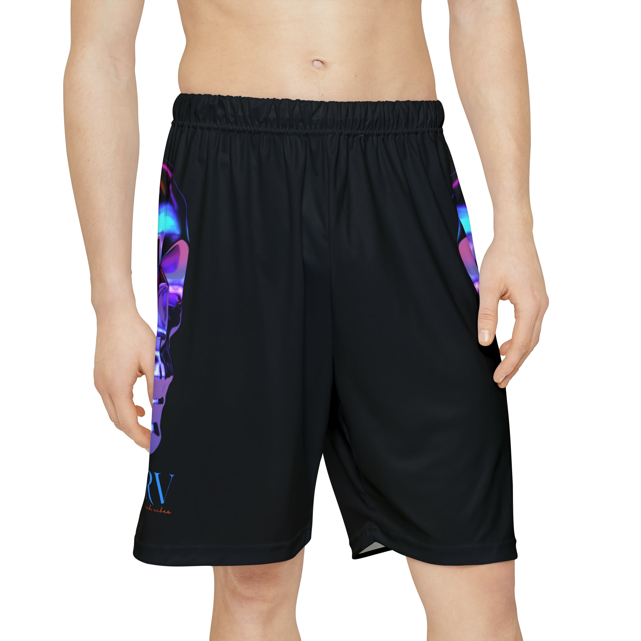 Rich Drip Psychedelic Metal Skull - RV Palm Tree Silhouette Men’s Sports Shorts (AOP) Black