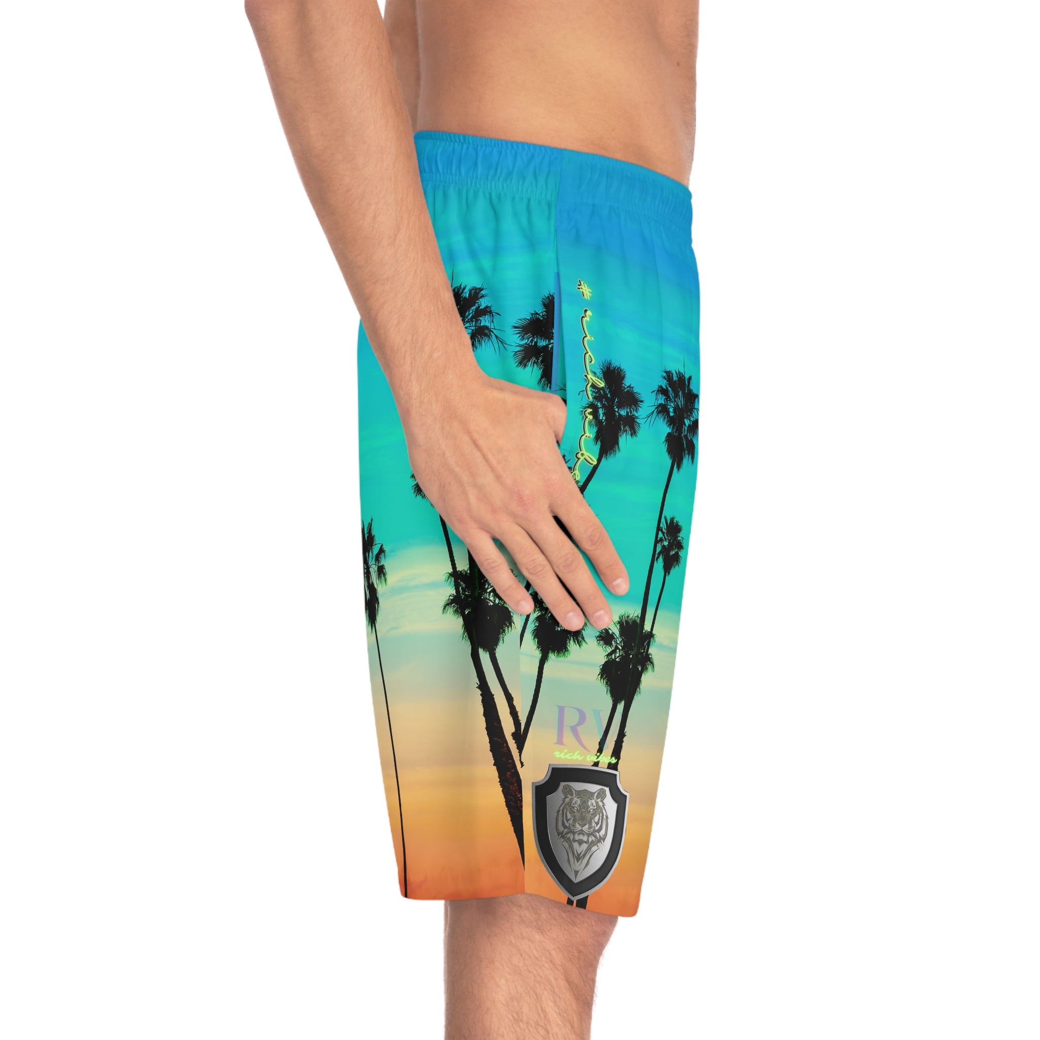 Rich Vibes Volt Turquoise Sunset Tiger Shield 3.0 - Men's Board Shorts (AOP)