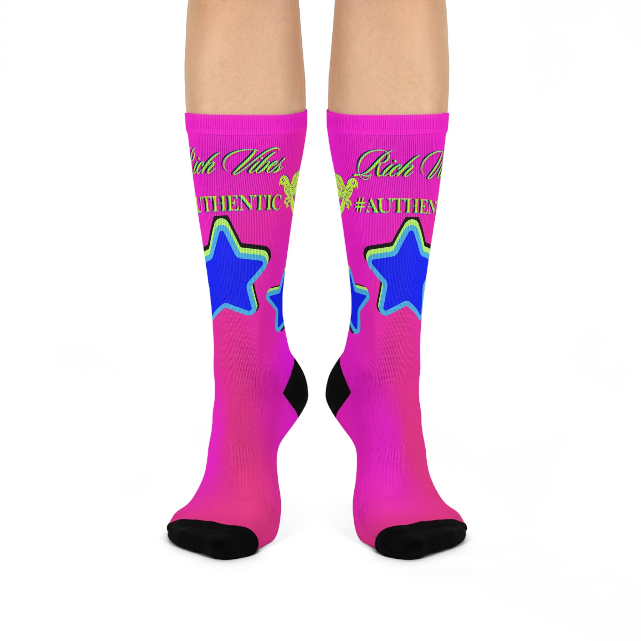 Rich Vibes Authentic Volt Blue Stars - Cushioned Crew Socks (Hot Pink)