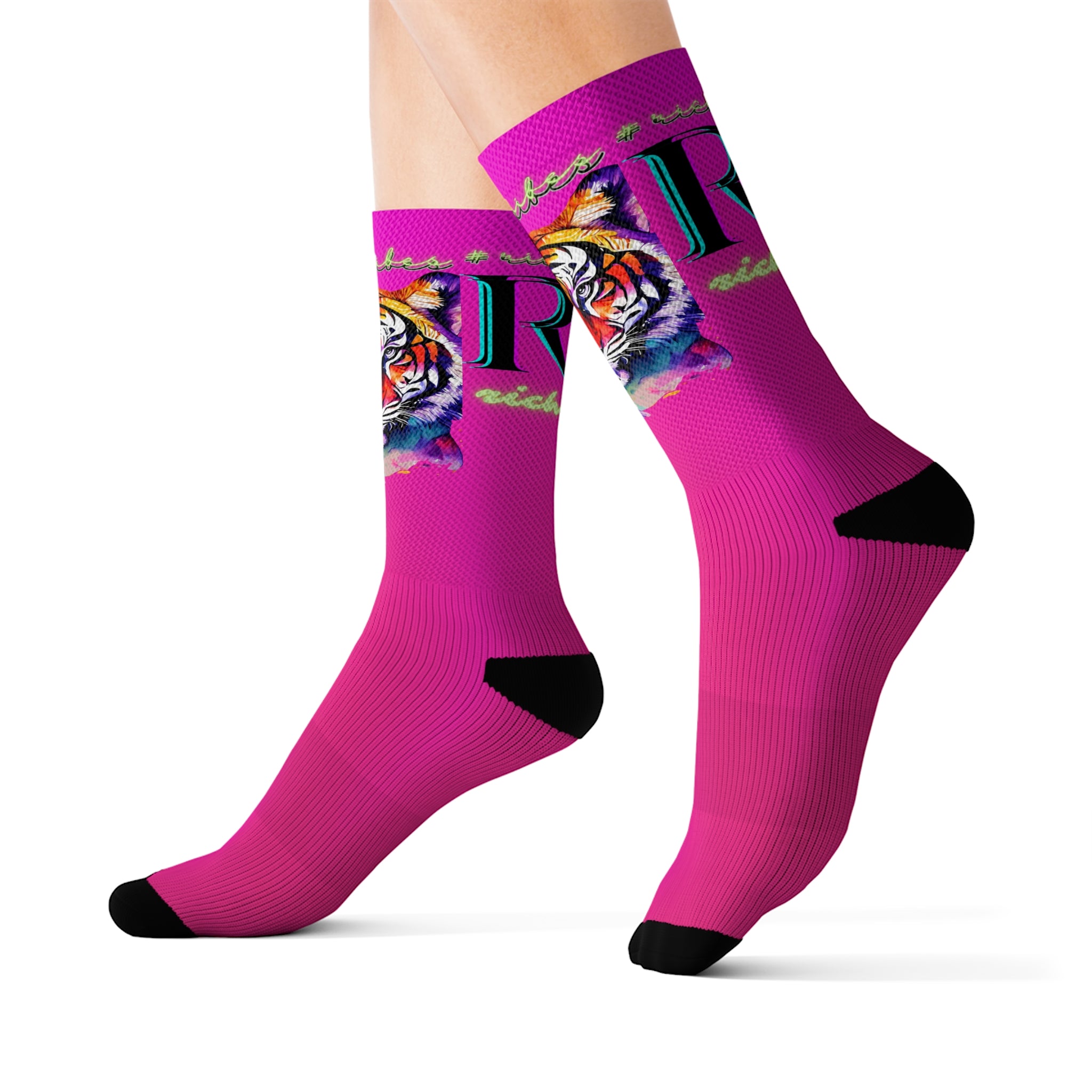 Rich Vibes RR Hot Pink Tropical Jungle Tiger - Sublimation Socks Black