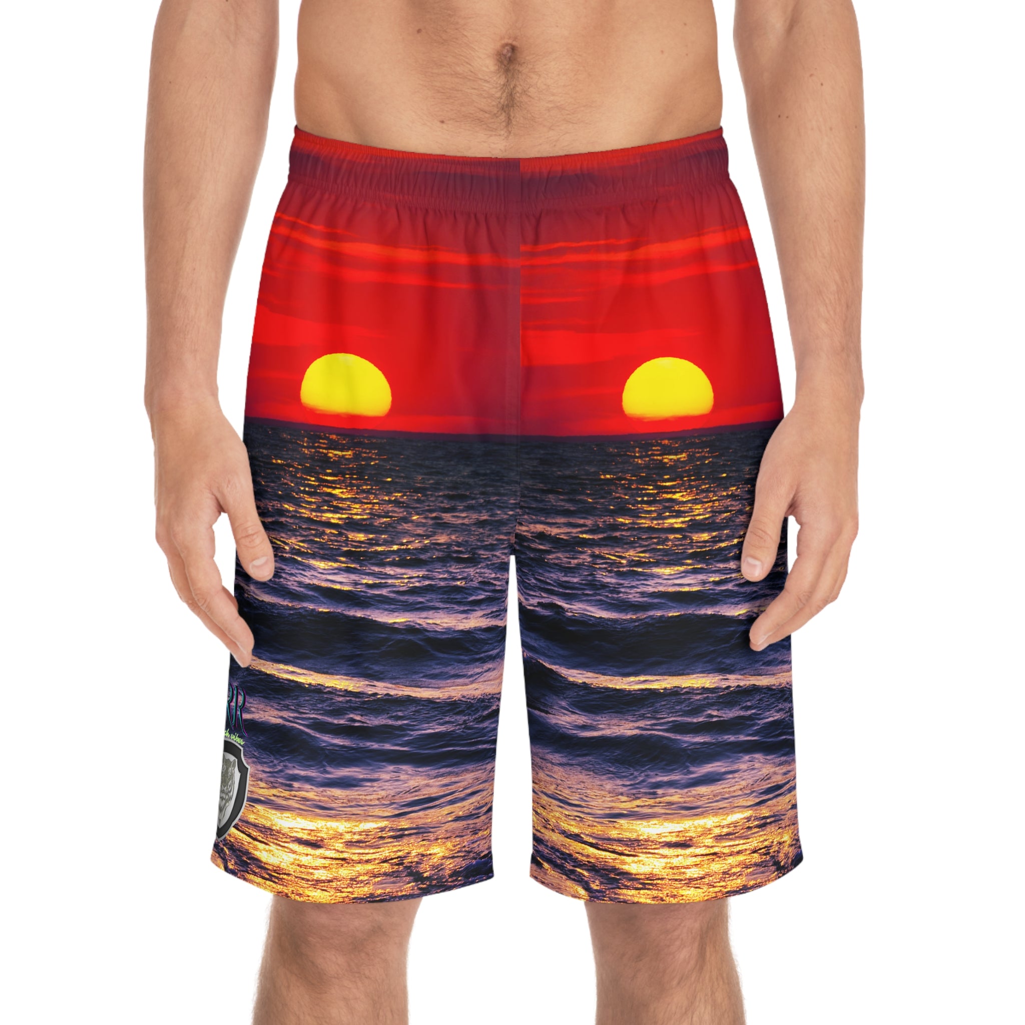 Rich Vibes RR Volt Red Opal Sunset Tiger Shield 1.0 - Men's Board Shorts (AOP)