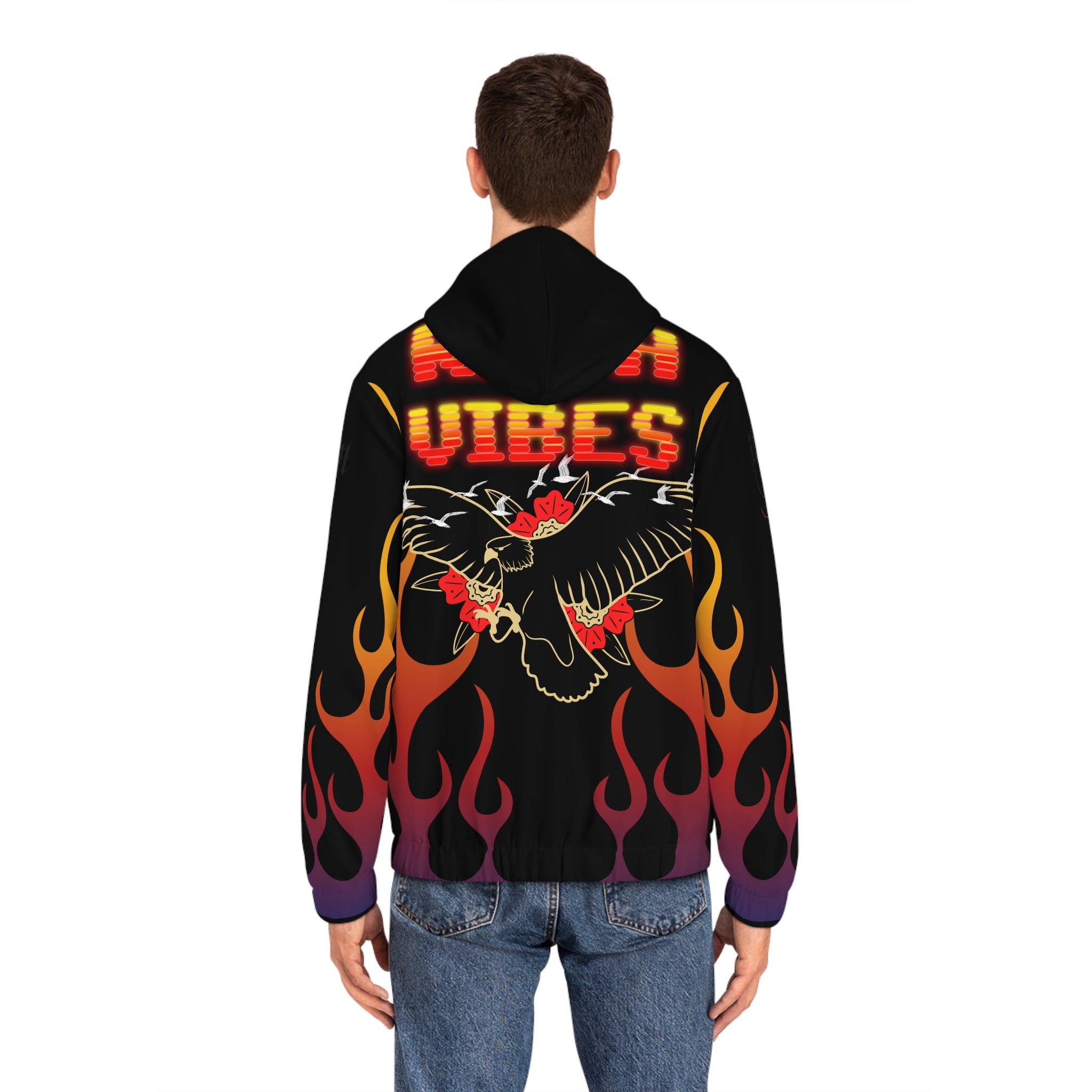 Rich Vibes Authentic Black Bird Flames City Skyline 1.5 - Men's Full-Zip Hoodie (AOP) Black